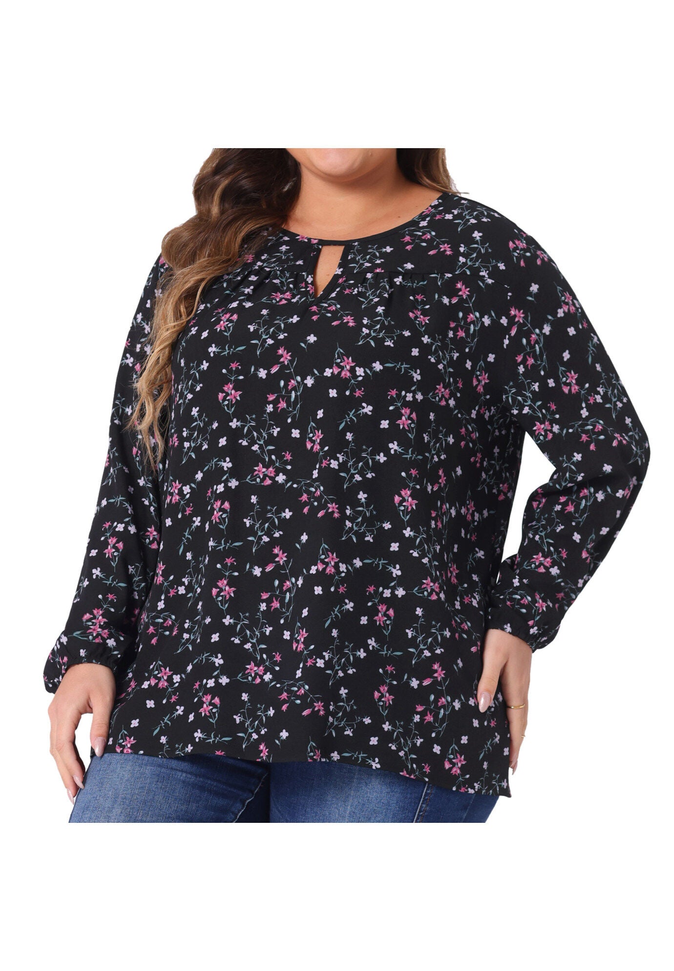 Chiffon Long Sleeve Keyhole Blouse Floral Top, Black Pink / Black, alternate image number 1