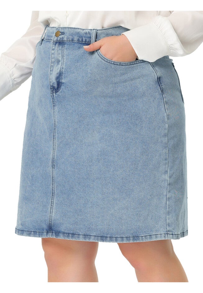 CLASSIC 4-POCKET DENIM PENCIL SKIRT WITH SLIT, Grey Blue / Dusty Blue, alternate image number 2
