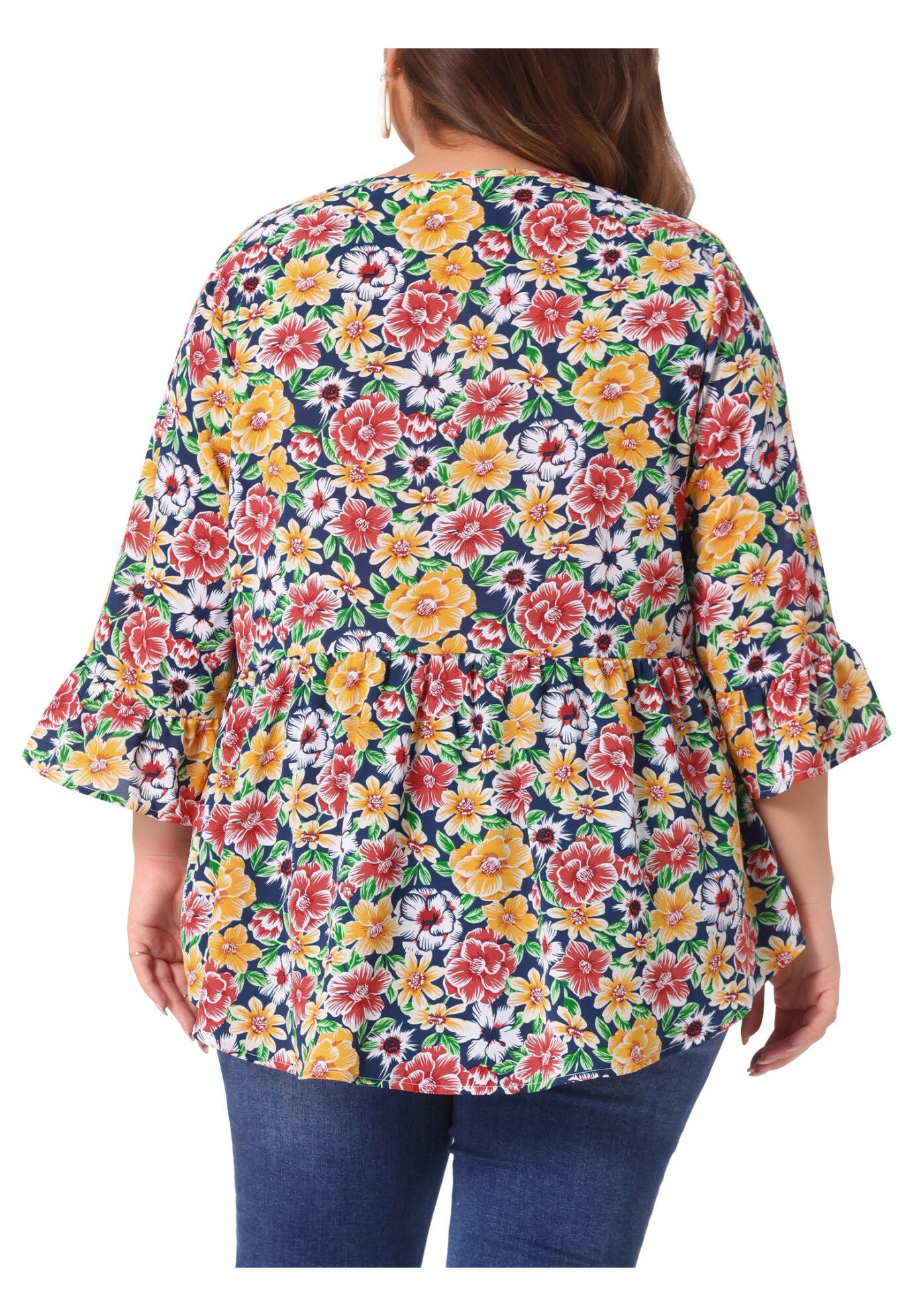 Floral V Neck Ruffle Sleeve Babydoll Peplum Blouse, Yellow / Yellow, alternate image number 3