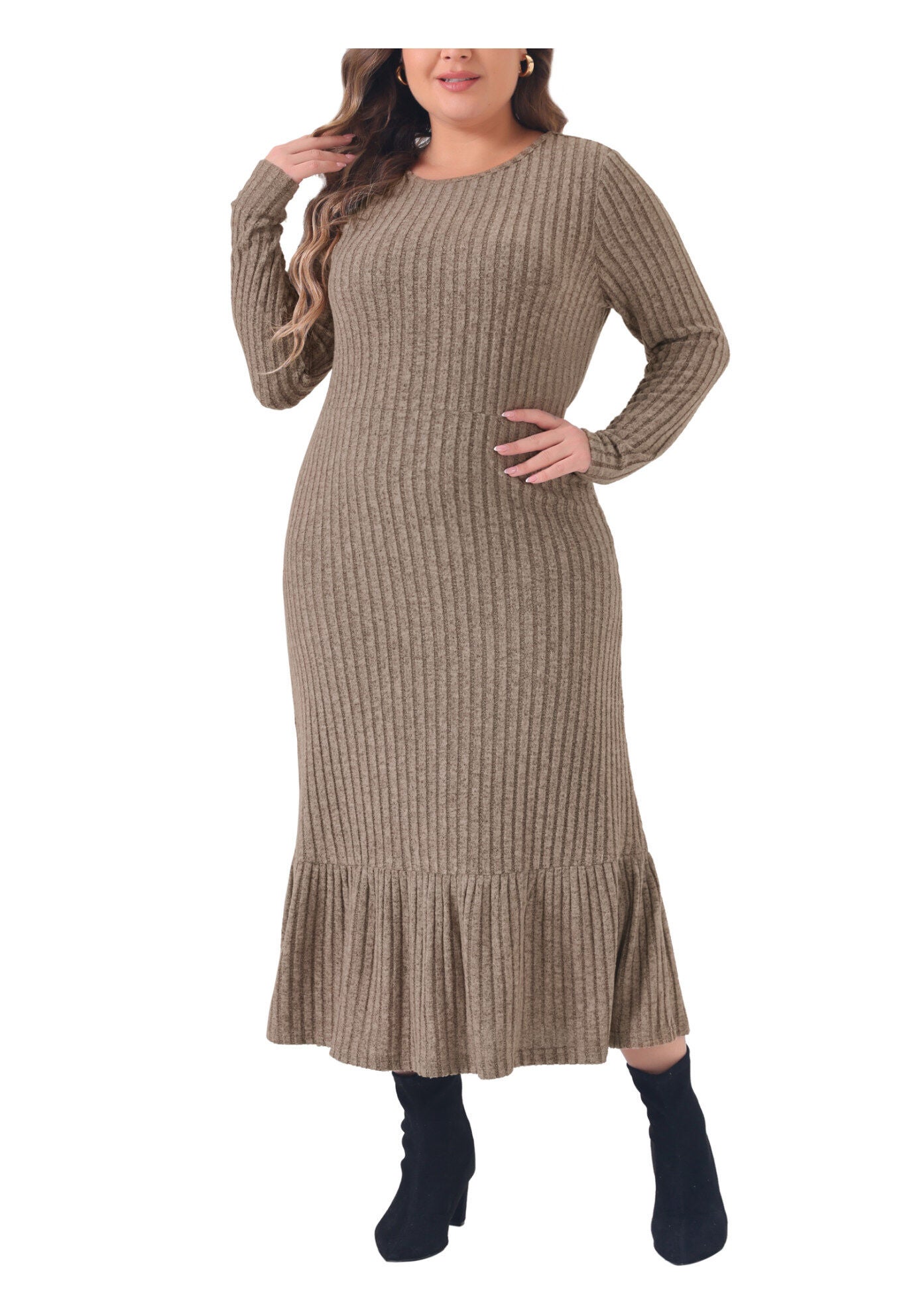Ribbed Knit Long Sleeve Crew Neck Ruffled Hem Midi Dress, Khaki / Brown, alternate image number 2