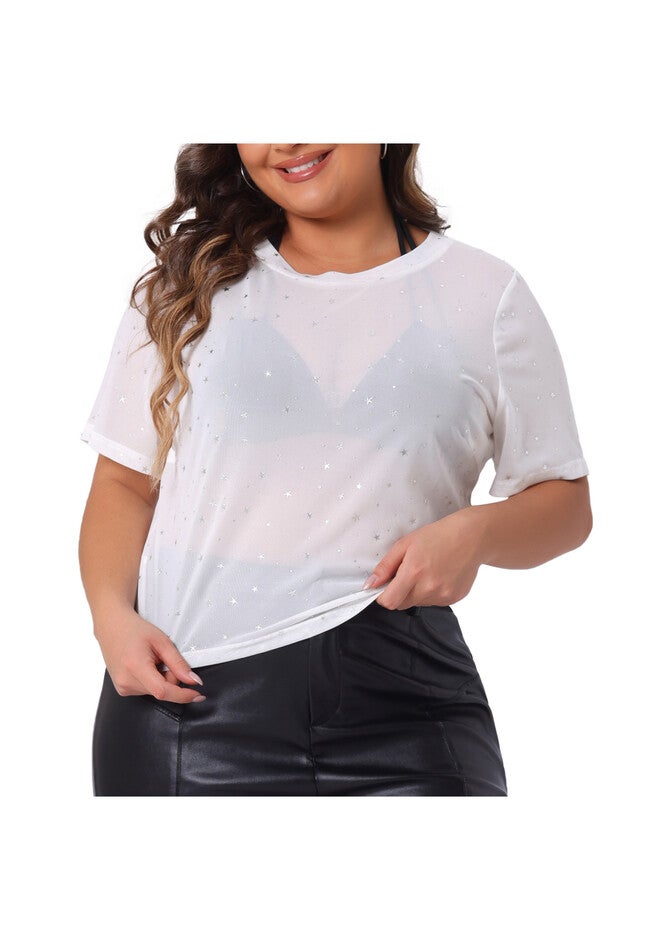 MESH TOP GLITTER SILVER STAR SHEER SEE THROUGH SHORT SLEEVE SHORT TEE, White / White, alternate image number null