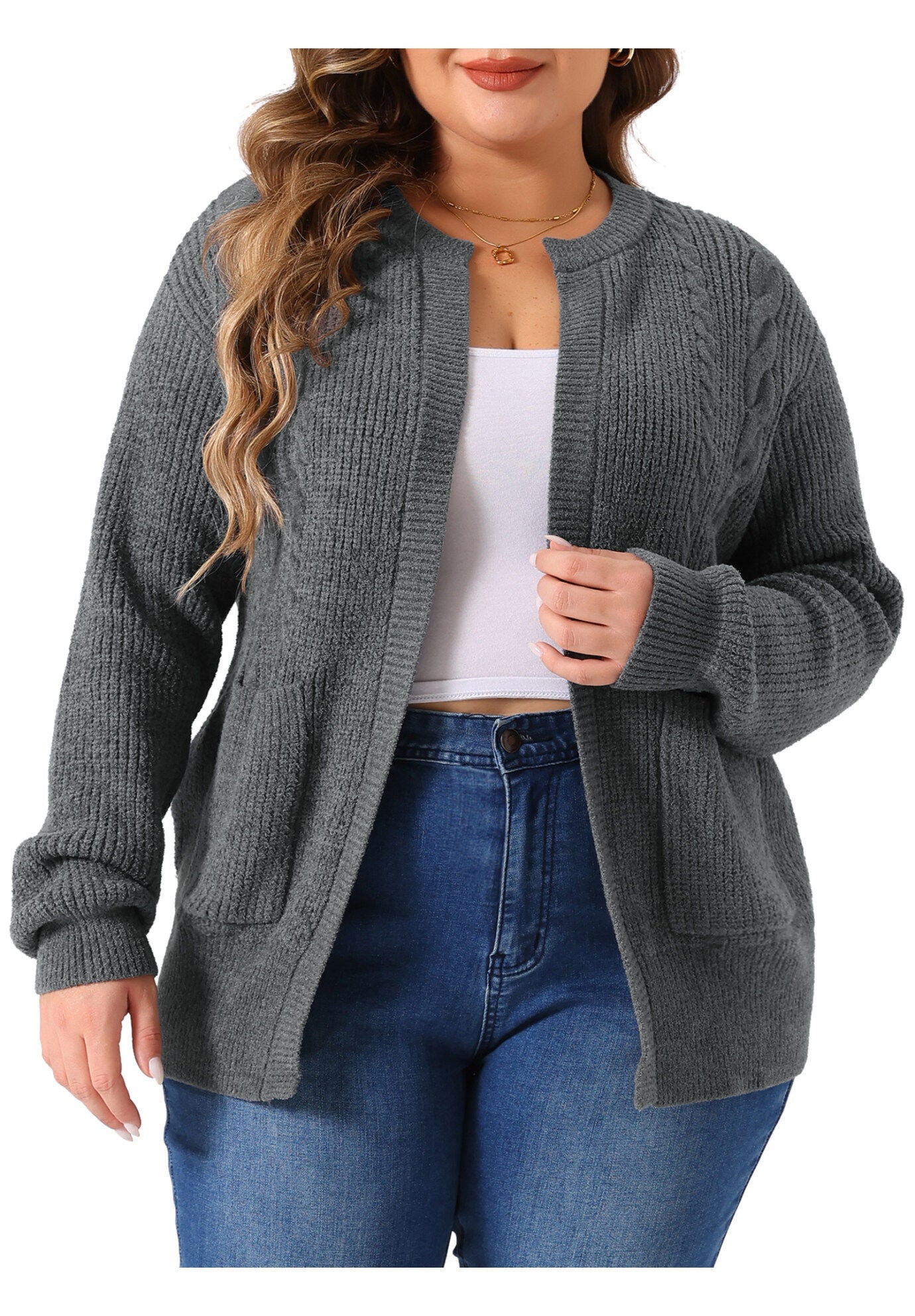 Long Sleeve Crew Neck Knit Cardigan Sweaters with Pockets, Gray / Charcoal Grey, alternate image number 2