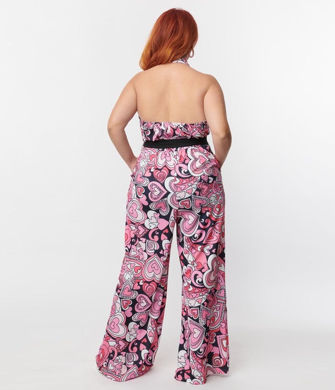 Smak Parlour Plus Size Black & Pink Psychedelic Hearts Draped Darling Jumpsuit, , alternate image number null
