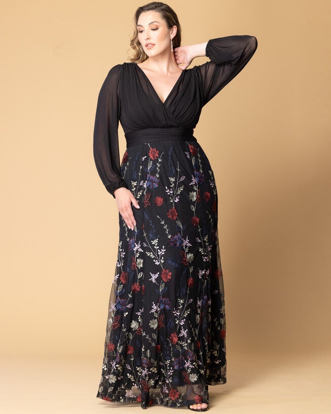Isabella Embroidered Floral Mesh Gown, ENCHANTED GARDEN / Black, alternate image number 1