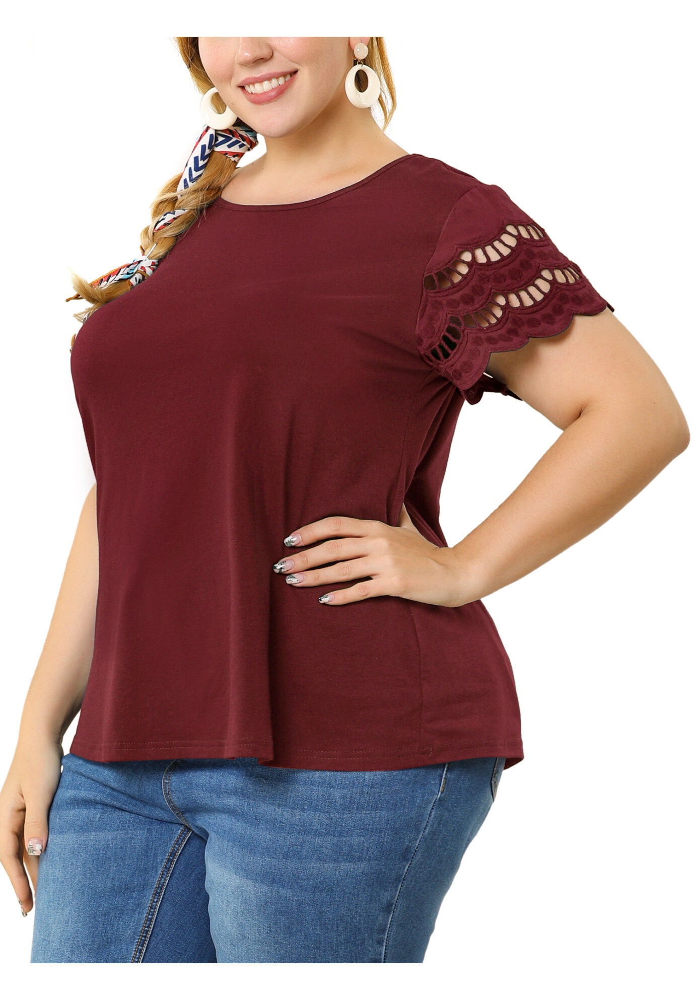 Lace Panel Hollow Short Sleeve Summer Blouse, Wine Red / Burgundy, alternate image number 2