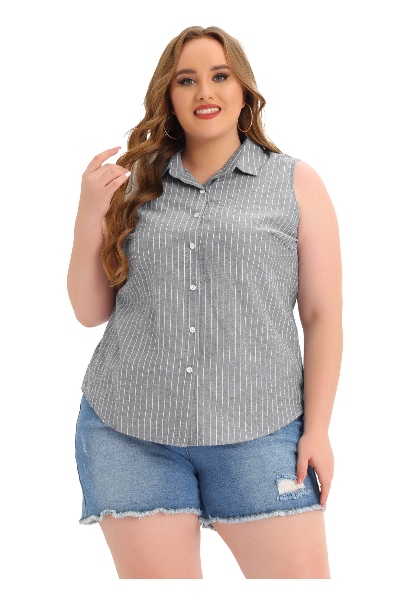 SLEEVELESS TOP SUMMER CASUAL BUTTON DOWN TANK SHIRT, Black / Black, hi-res image number 0