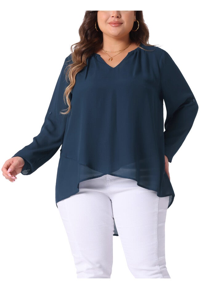 Long Sleeve Notch V Neck High Low Hem Layer Tunic Top, Navy Blue / Navy, alternate image number 1