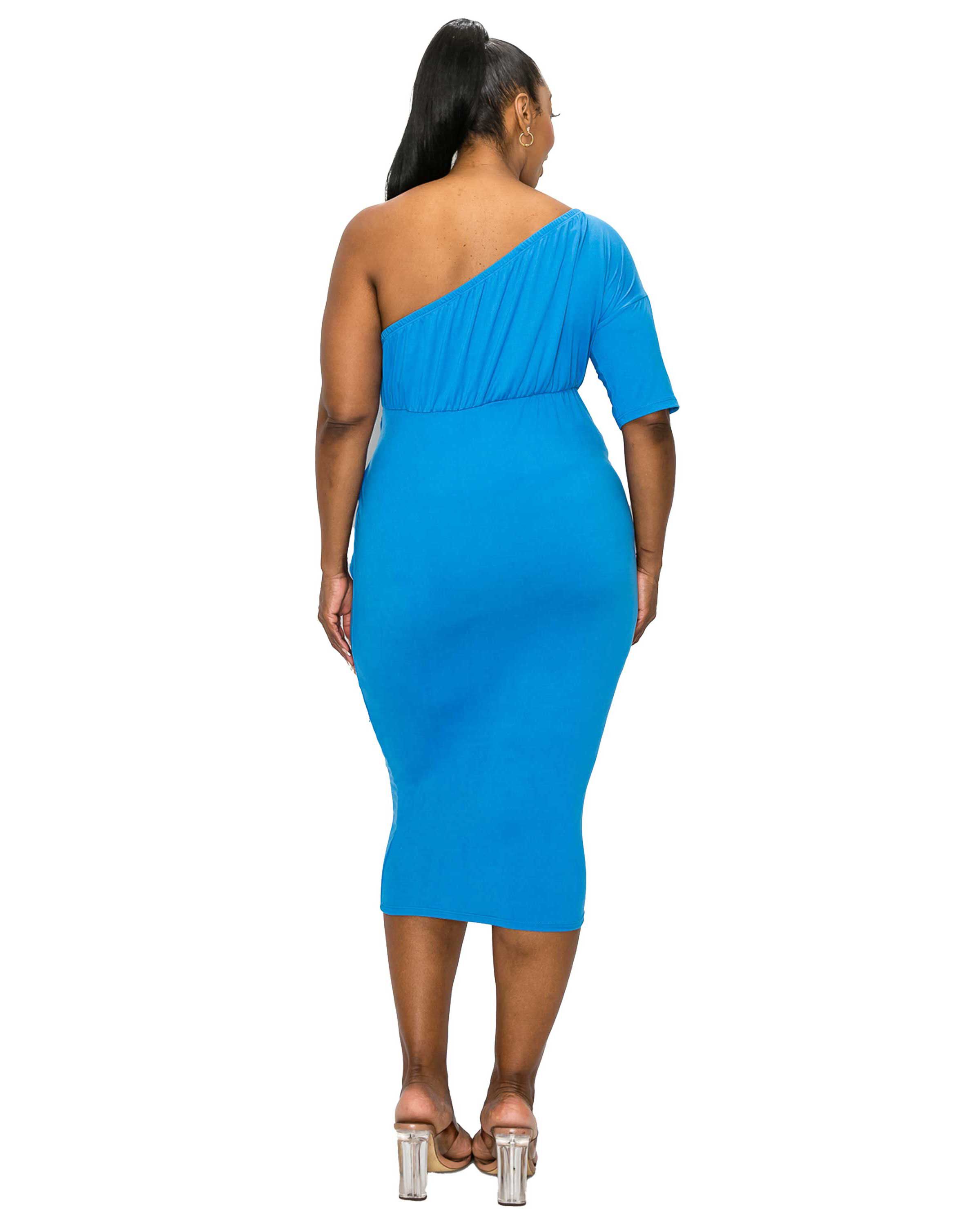 CHEYENNE ONE SHOULDER MIDI DRESS, Turquoise New / Royal Blue, alternate image number 1