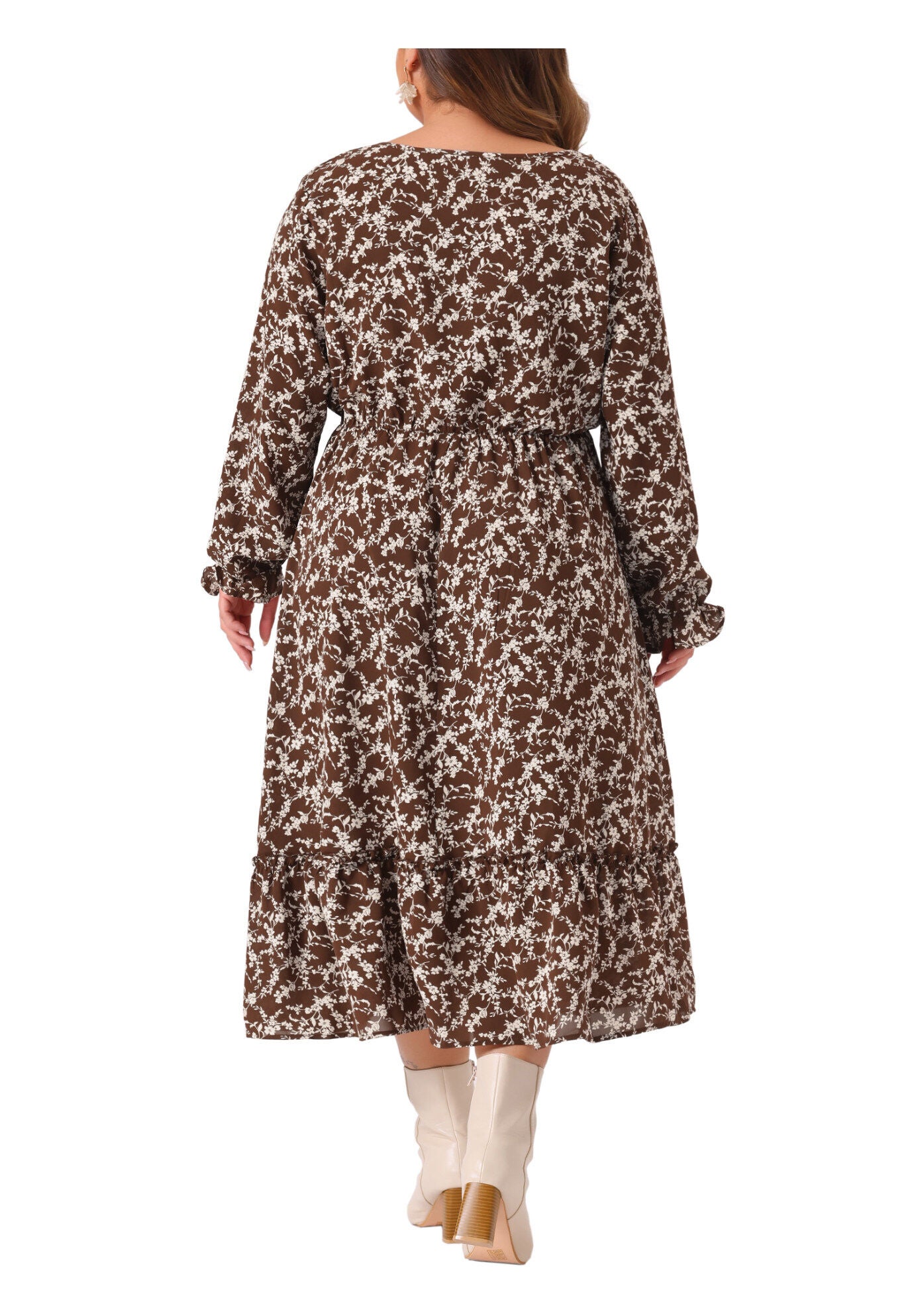 Boho Floral Print V Neck Long Sleeve Ruffle Hem Long Maxi Dress, Brown / Brown, alternate image number 2