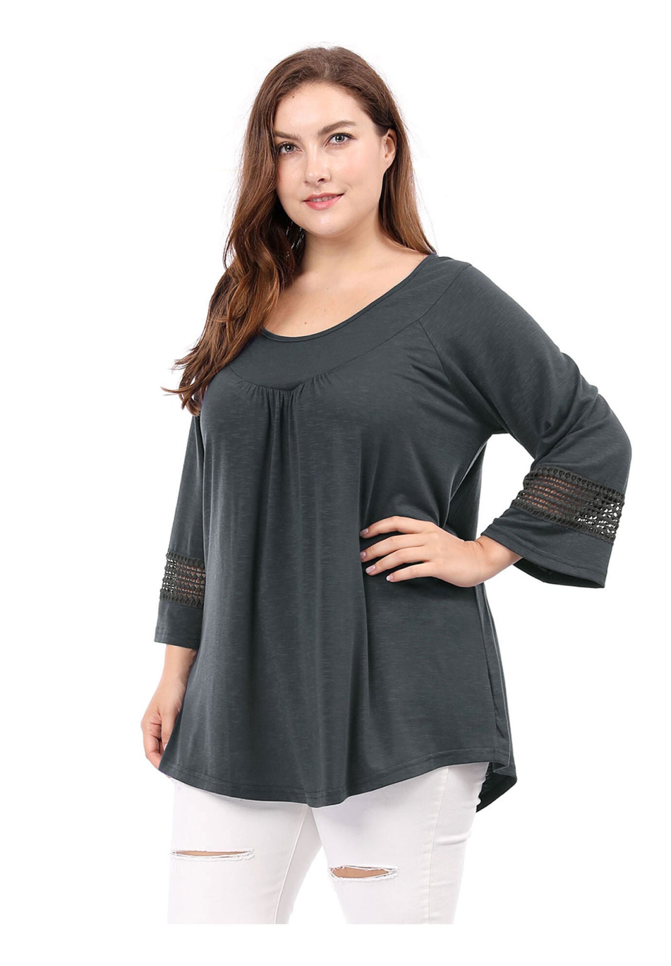 CROCHET PANEL HOLLOW OUT PLEATED TUNICS BLOUSE TOP, Dark Grey / Charcoal Grey, alternate image number 2