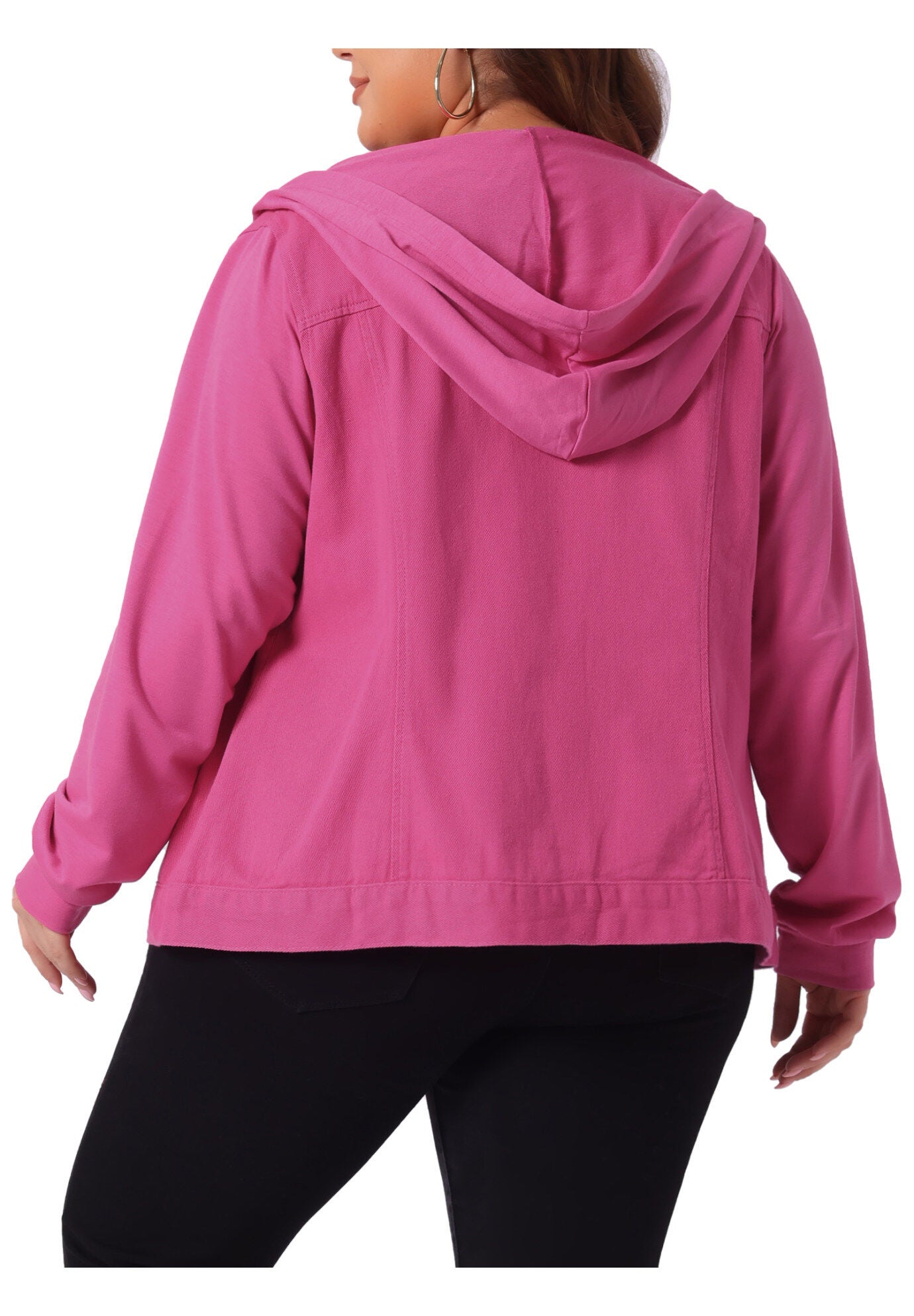 LAYERED DRAWSTRING HOODIE DENIM JEAN JACKET, Hot Pink / Pink, alternate image number 3