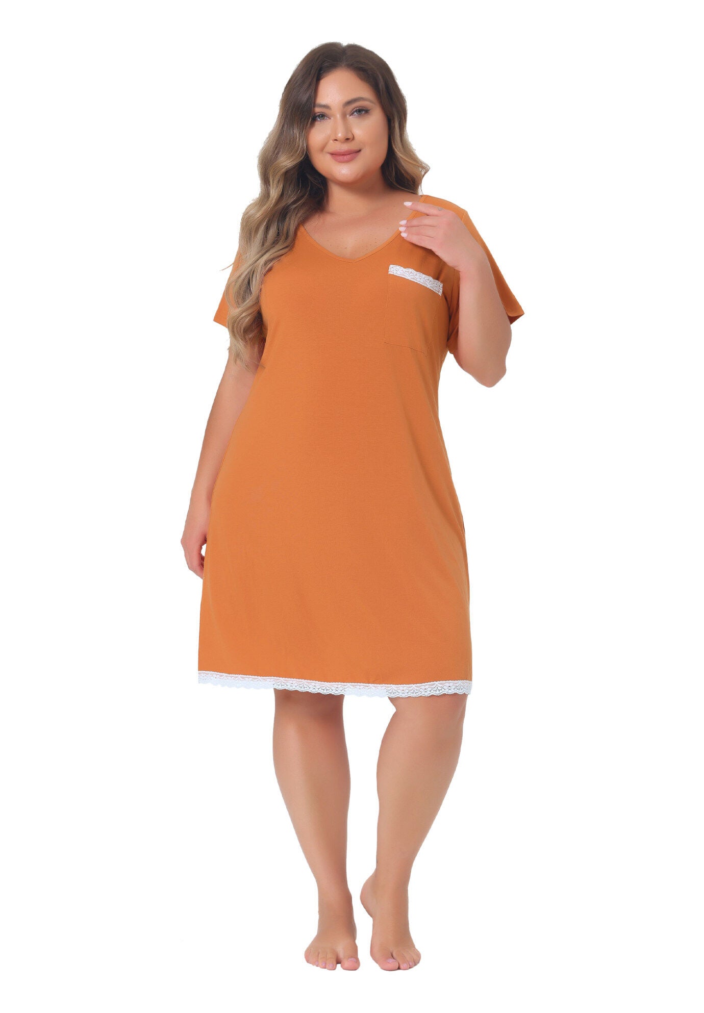 Short Sleeve Lace Trim Pajama Nightshirt, Orange / Orange, hi-res image number 0