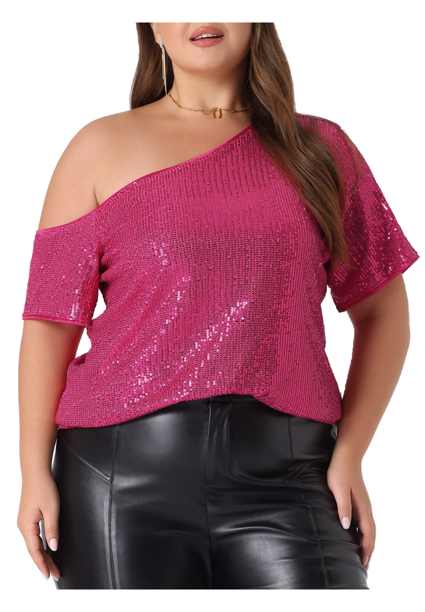 ONE SHOULDER SHORT SLEEVE METALLIC SEQUIN TOP, Hot Pink / Pink, alternate image number 2