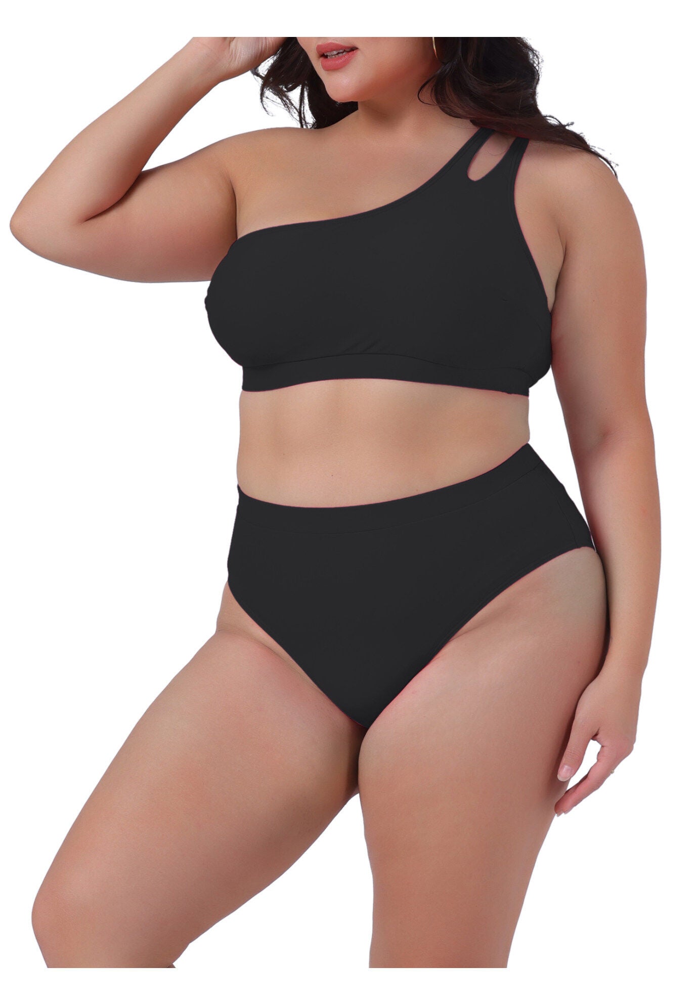 High Waisted Bikini Two Piece One Shoulder Keyhole Swimsuit, Black / Black, alternate image number 2