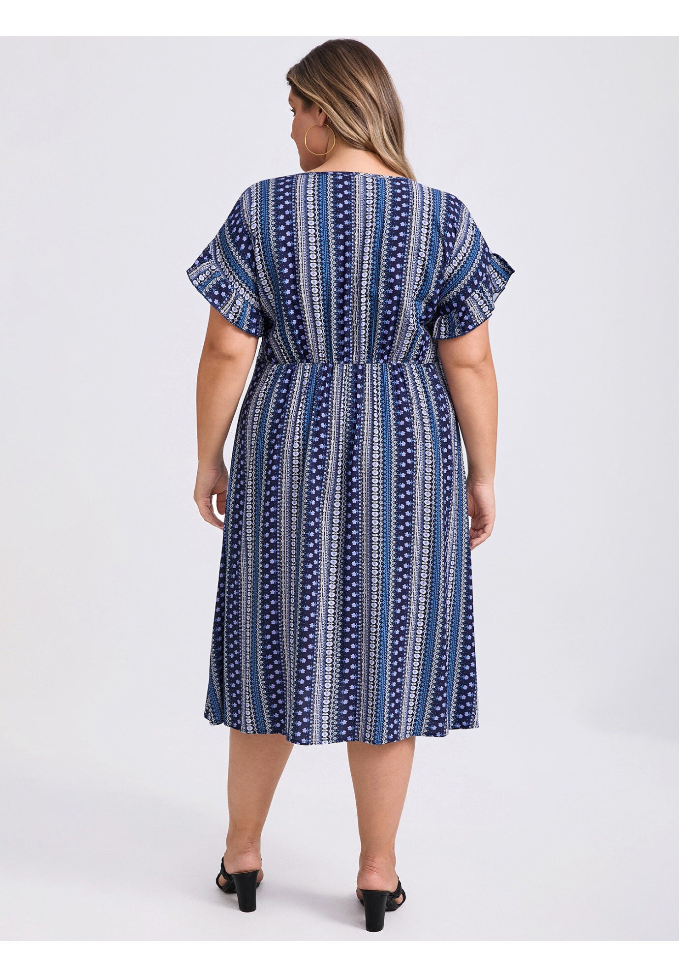 Boho Floral Stripe V Neck Ruffle Sleeve Flowy Midi Dress with Pockets, Navy Blue / Navy, alternate image number 2