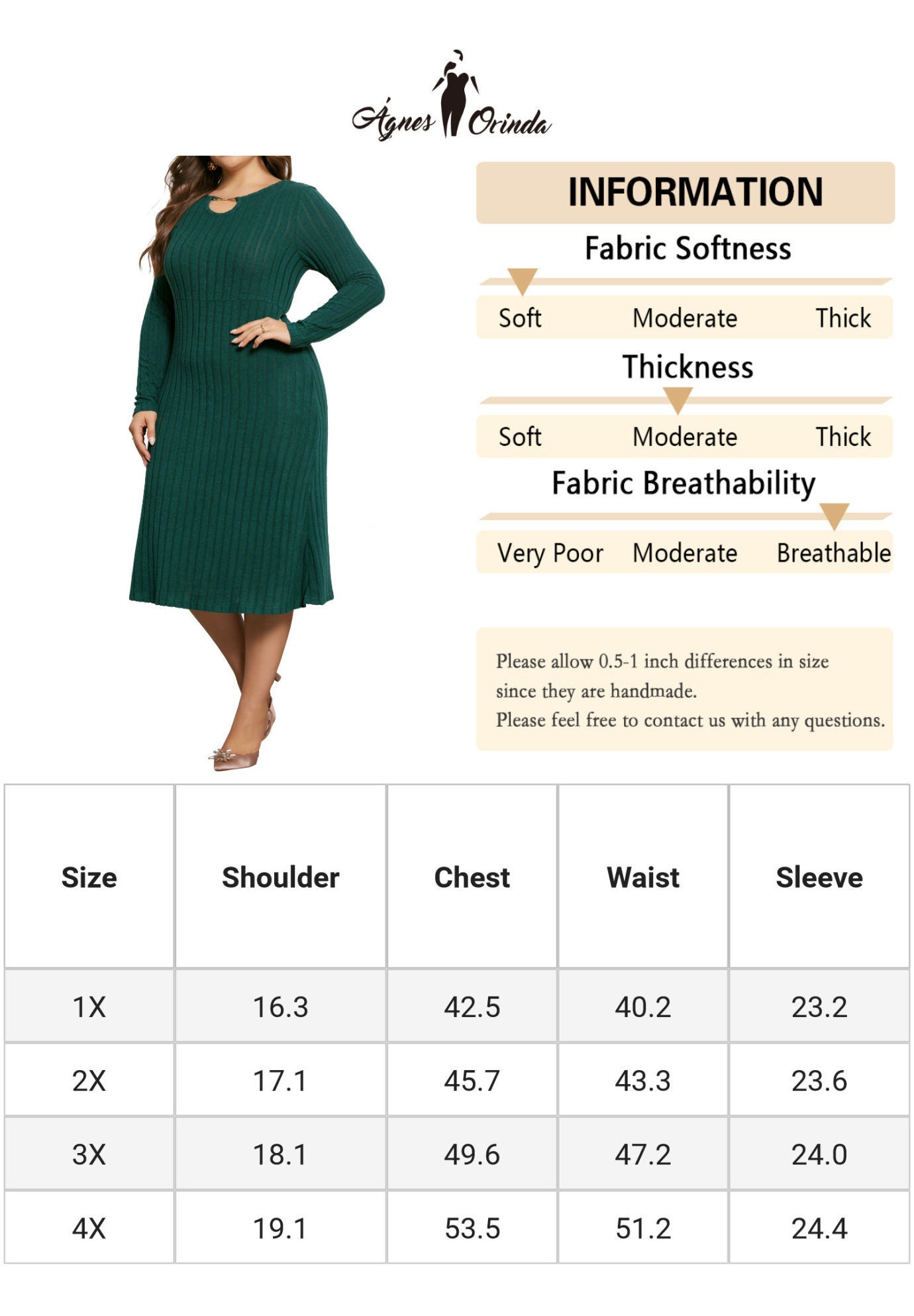 Ribbed Knit Long Sleeves Keyhole Crew Neck Pullover A Line Midi Dress, Green / Forest Green, alternate image number 4