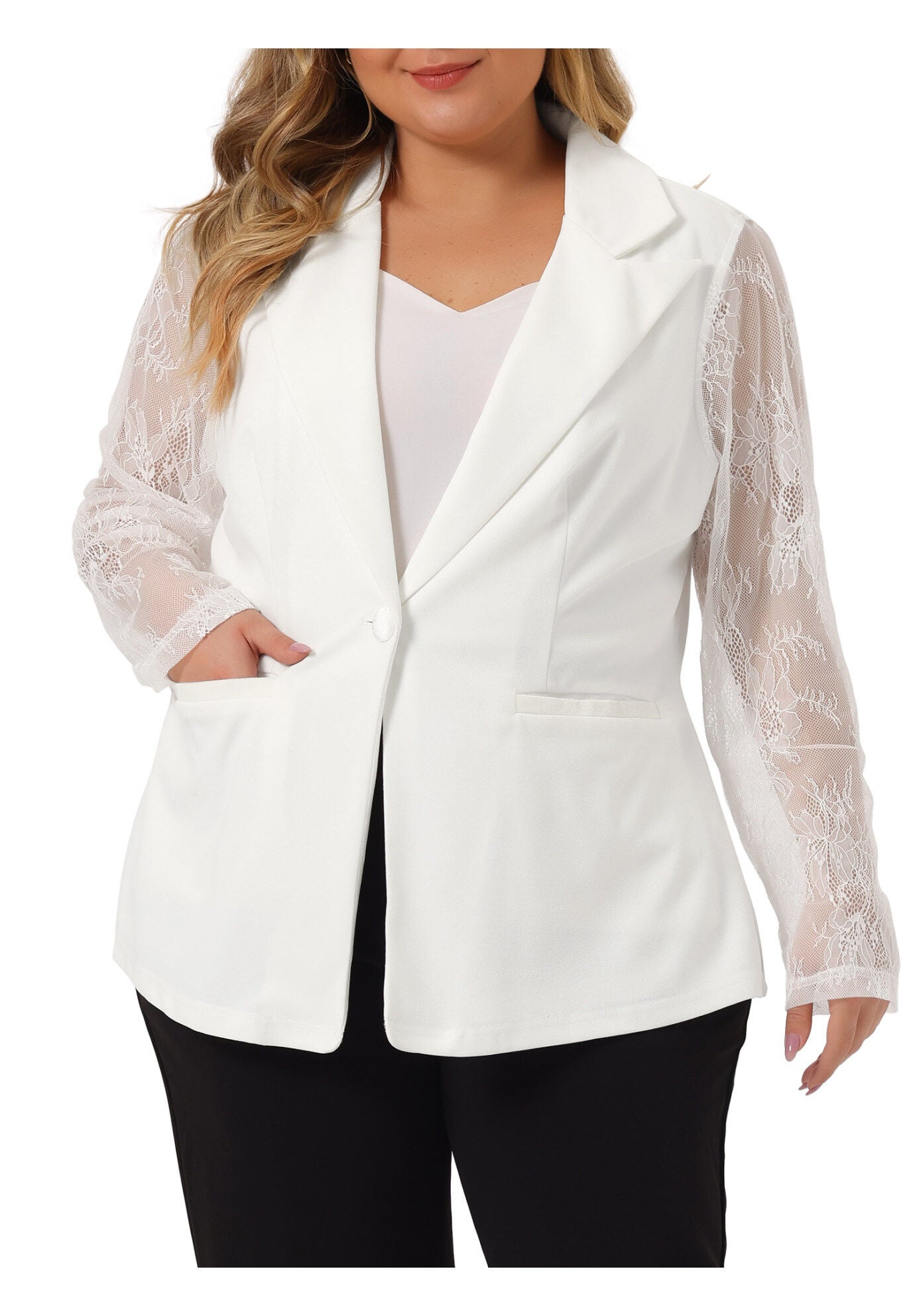 NOTCH LAPEL LACE FRONT BLAZER JACKET, White / White, alternate image number 2