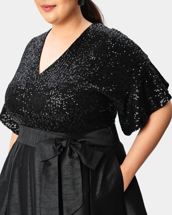 Sequin mesh and dupioni sash-tie v-neck dress | Dia & Co Sequin mesh and dupioni sash-tie v-neck dress | Dia & Co