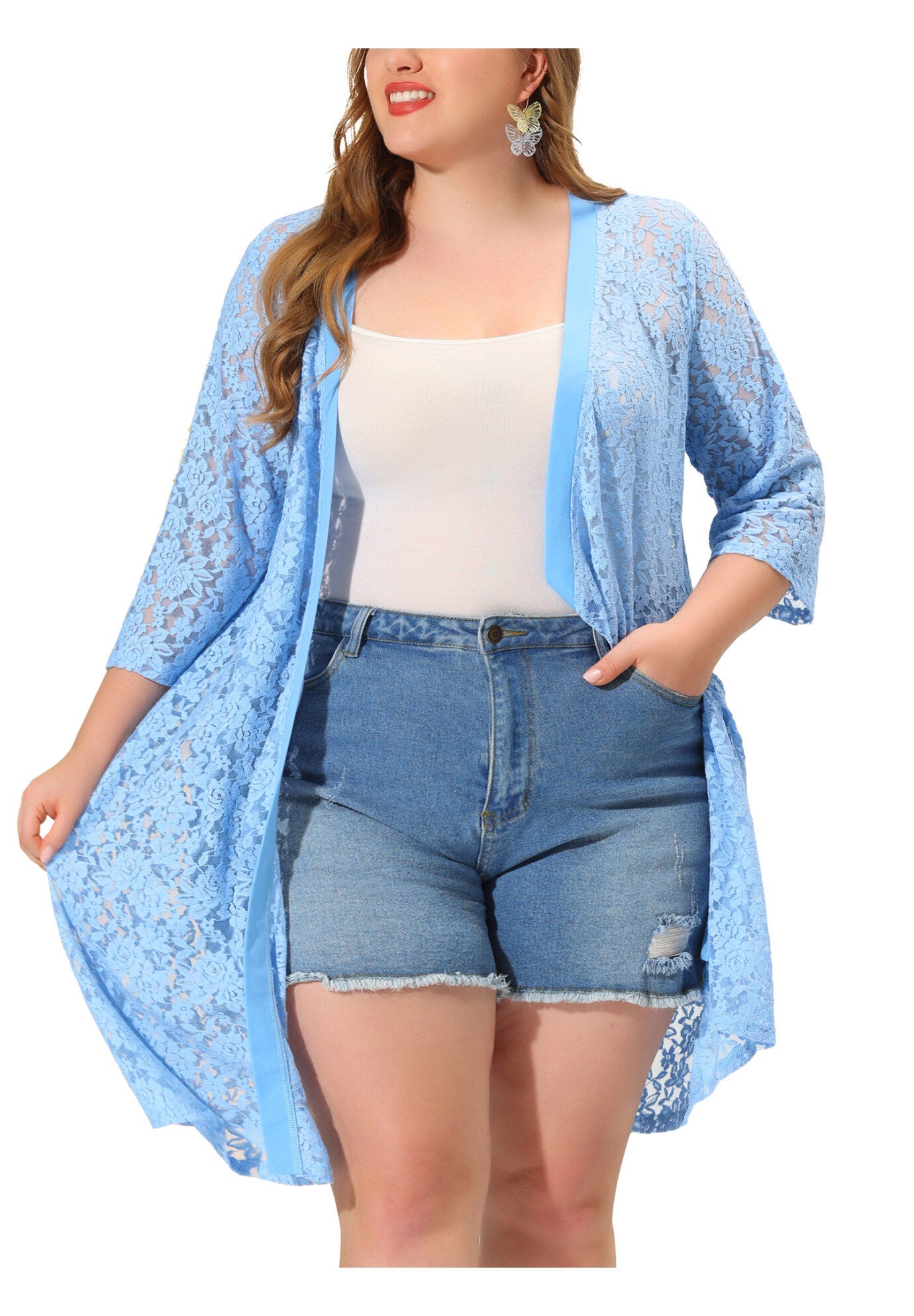 LACE CROCHET 3/4 SLEEVE COVER UP CARDIGAN, Light Blue / Light Blue, alternate image number 1
