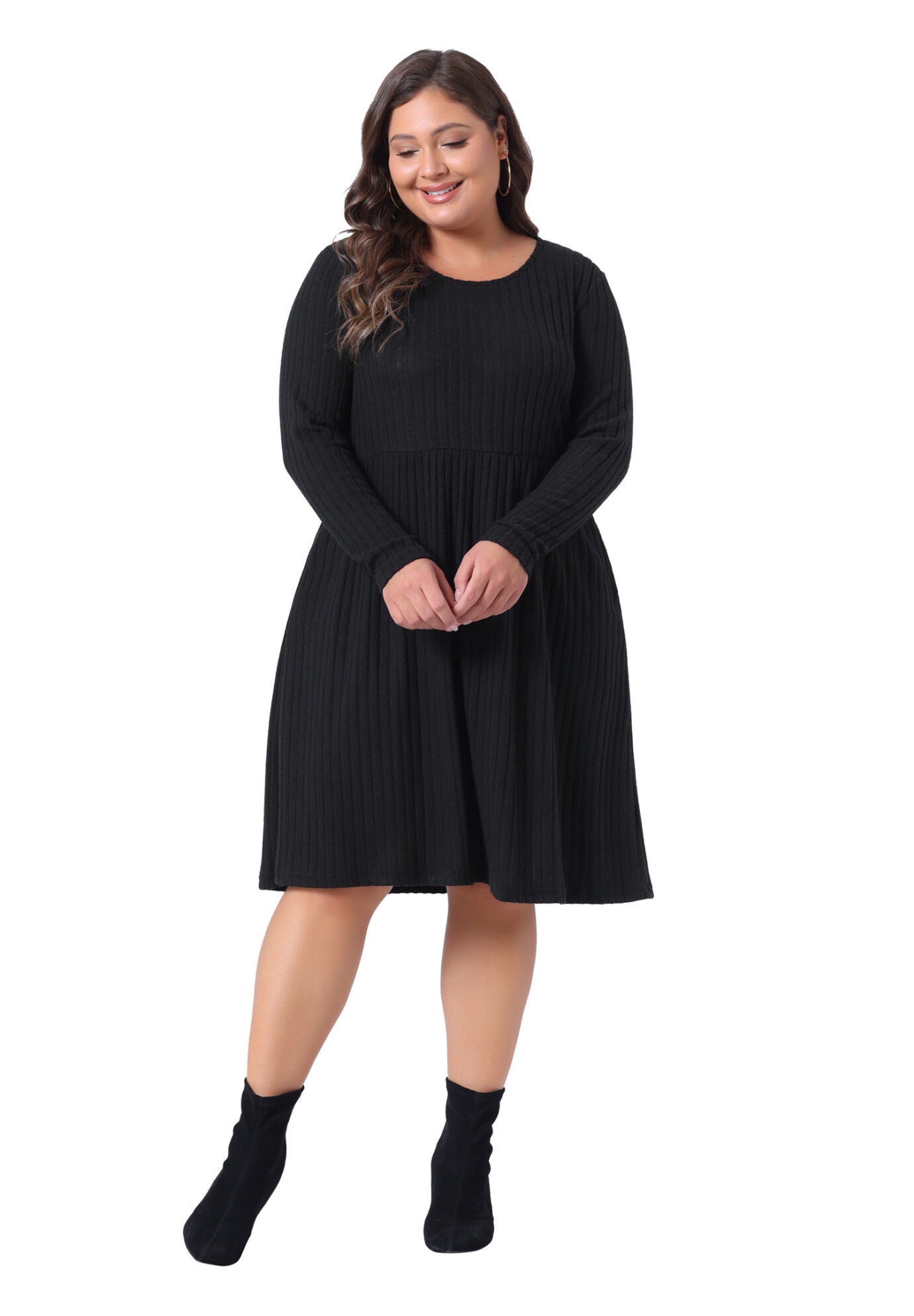 Round Neck Long Sleeve Elegant Ribbed Midi Knit Sweater Dress, Black / Black, hi-res image number 0