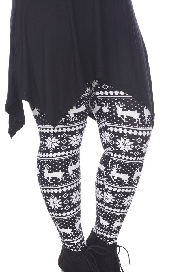 Printed Leggings, Black White Reindeer / Black, alternate image number 3