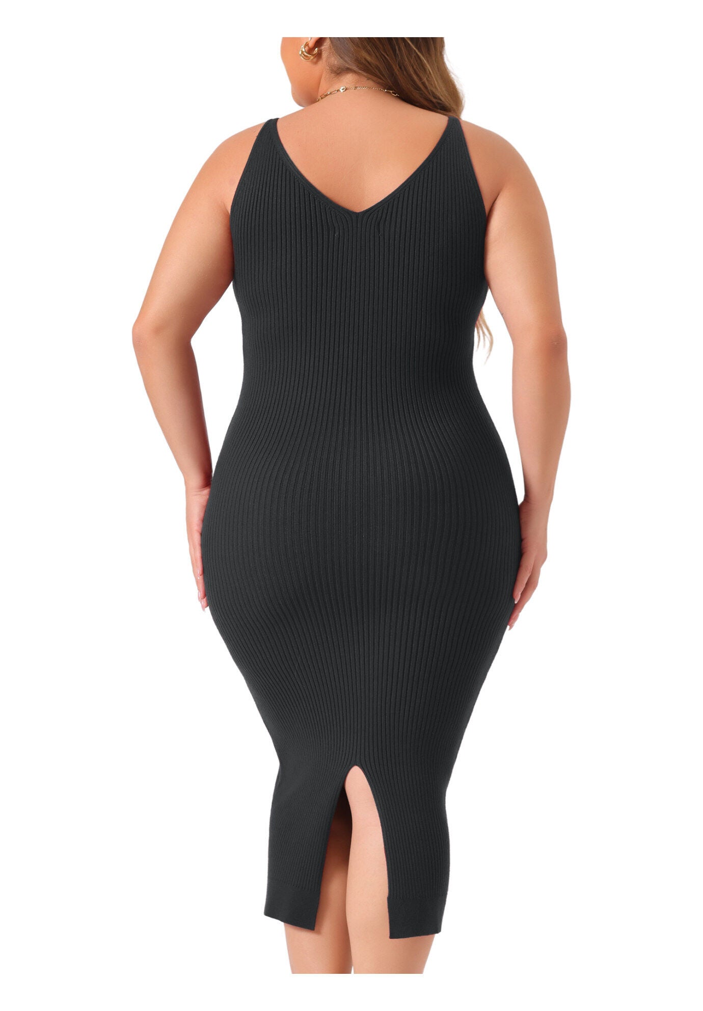 Sleeveless V Neck Ribbed Knit Bodycon Midi Sweater Cami Dress, Black / Black, alternate image number 3