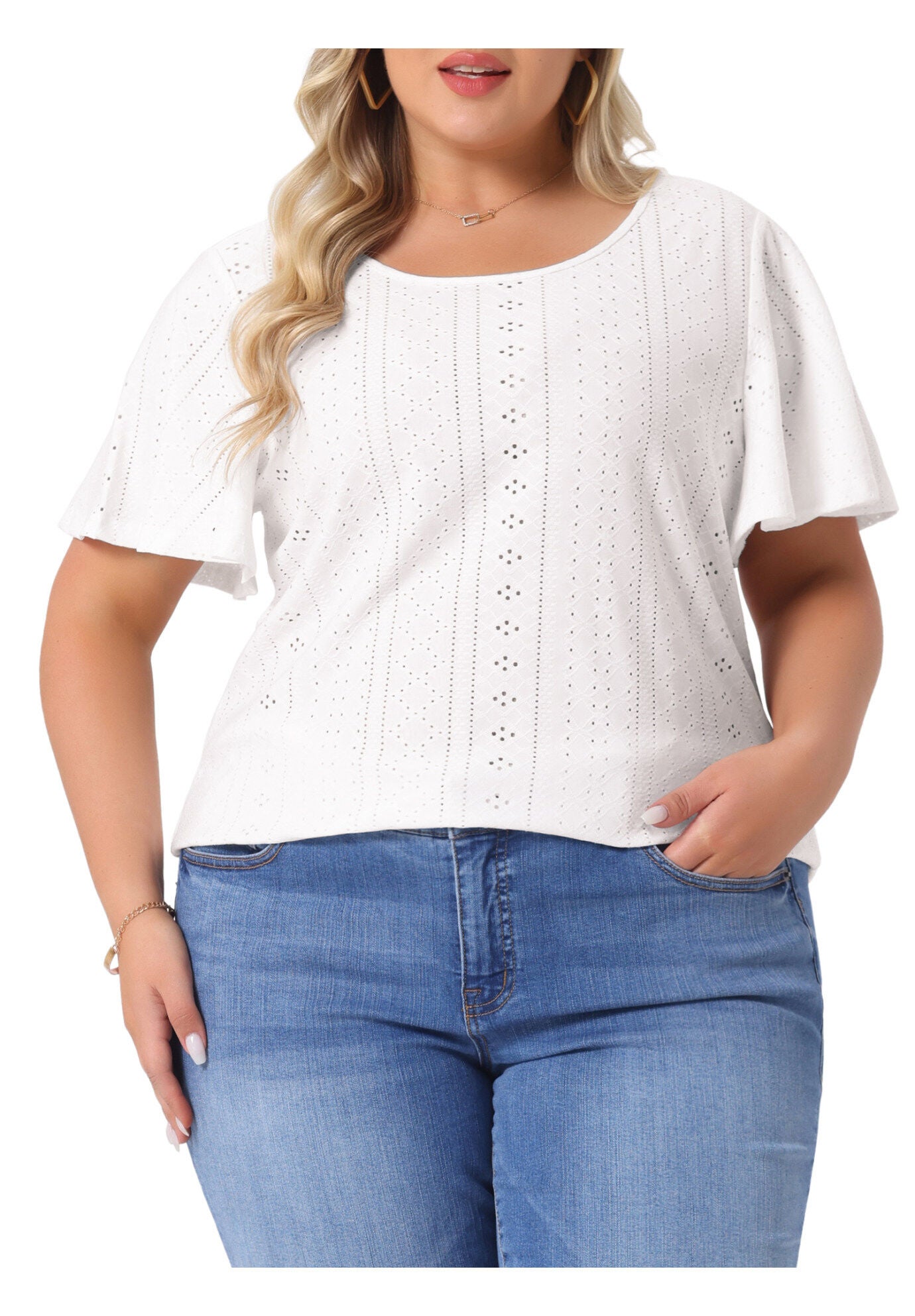 V NECK LOOSE FIT RUFFLE SLEEVE SUMMER HOLLOW TOP, White / White, alternate image number 1