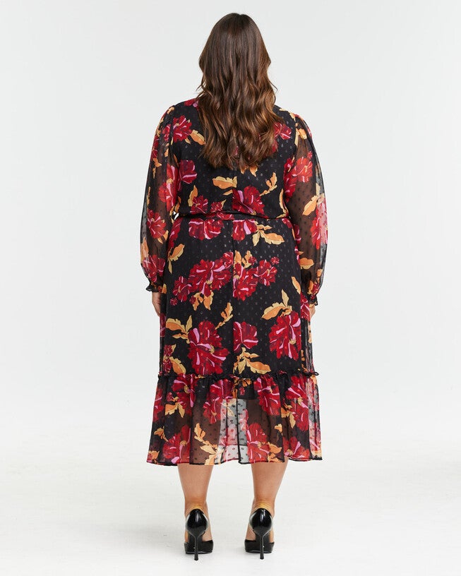 Midnight Petal Long Sleeved Floral Midi Dress, Print / Black, alternate image number null