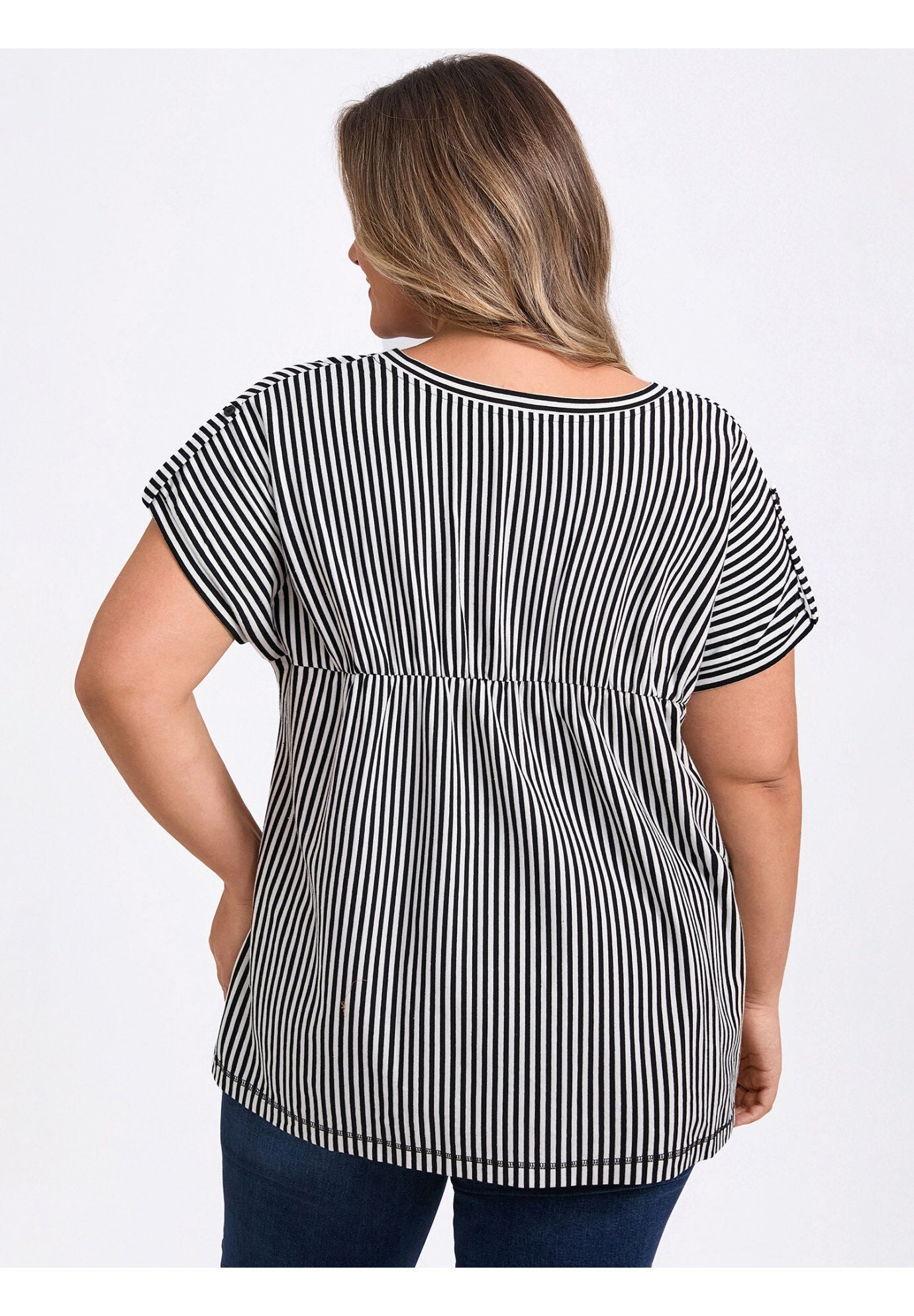 V Neck Short Sleeve Vertical Stripe Drop Shoulder Knit Blouse, Black / Black, alternate image number 1