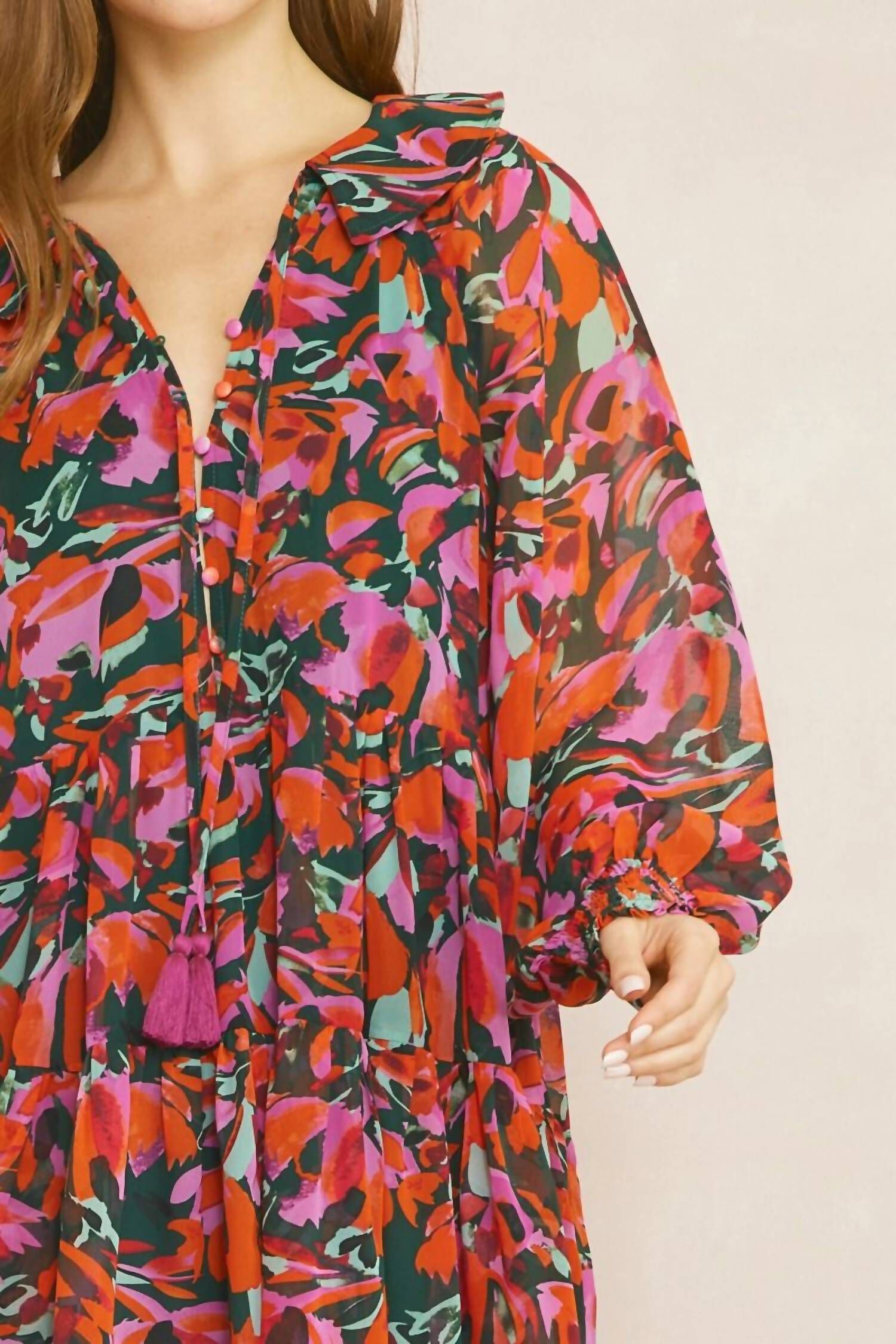 PRINTED LONG SLEEVE MINI DRESS IN RED/GREEN, , alternate image number 7