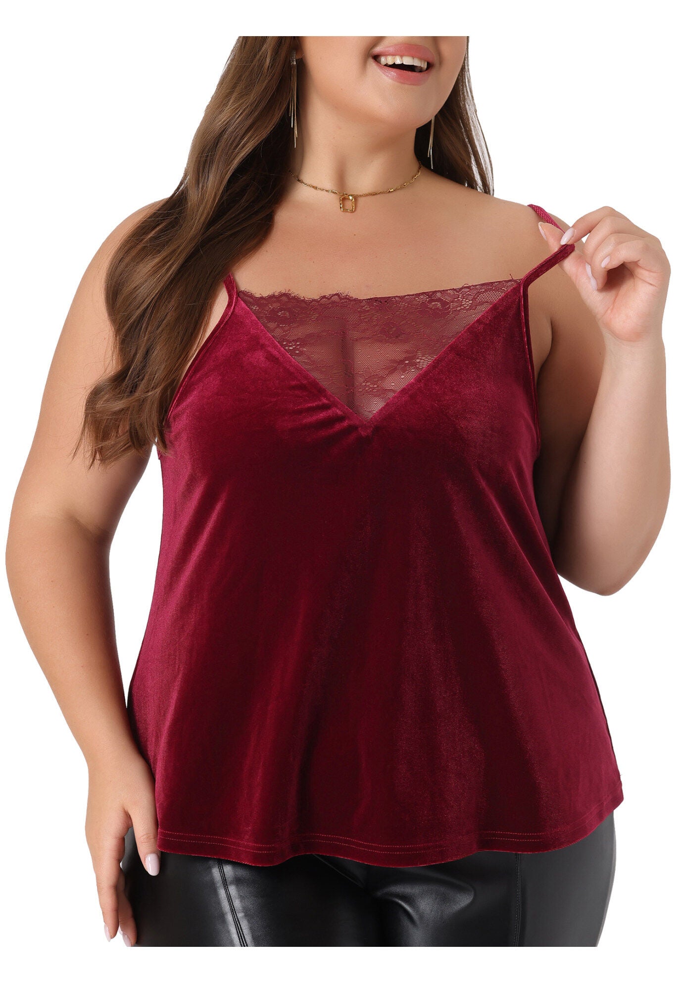 VELVET CAMI LACE DEEP V NECK SLEEVELESS TOP, Burgundy / Red, alternate image number 2
