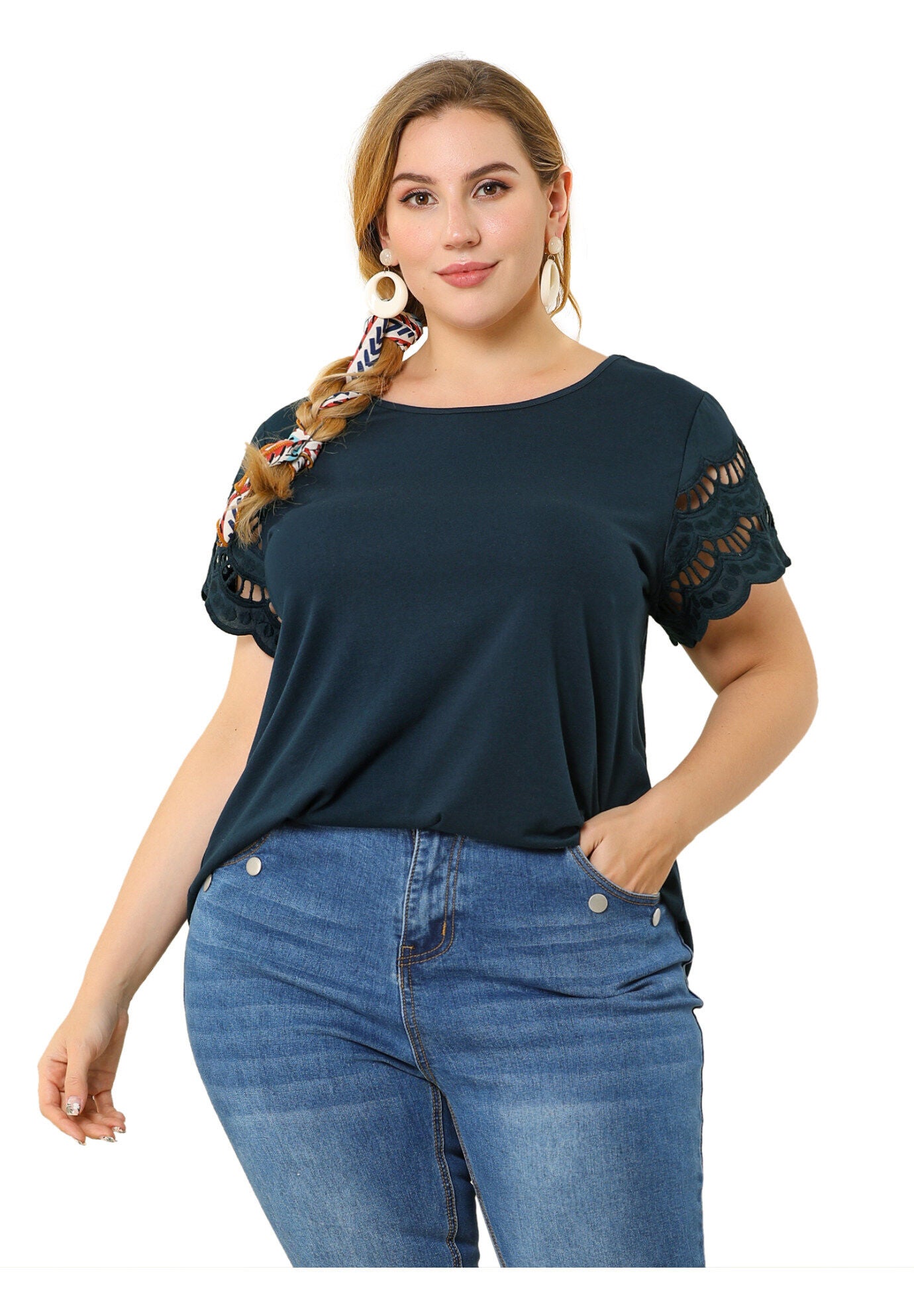 Lace Panel Hollow Short Sleeve Summer Blouse, Dark Blue / Navy, alternate image number 4