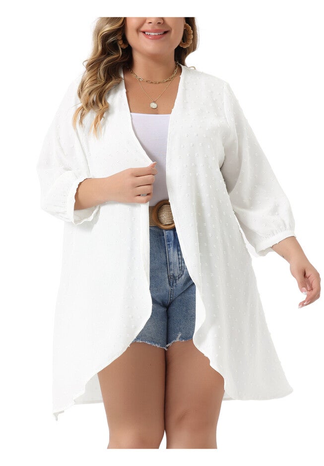 OPEN FRONT 3/4 SLEEVE SWISS DOTS LIGHTWEIGHT COVER UP CARDIGAN, White / White, alternate image number 3