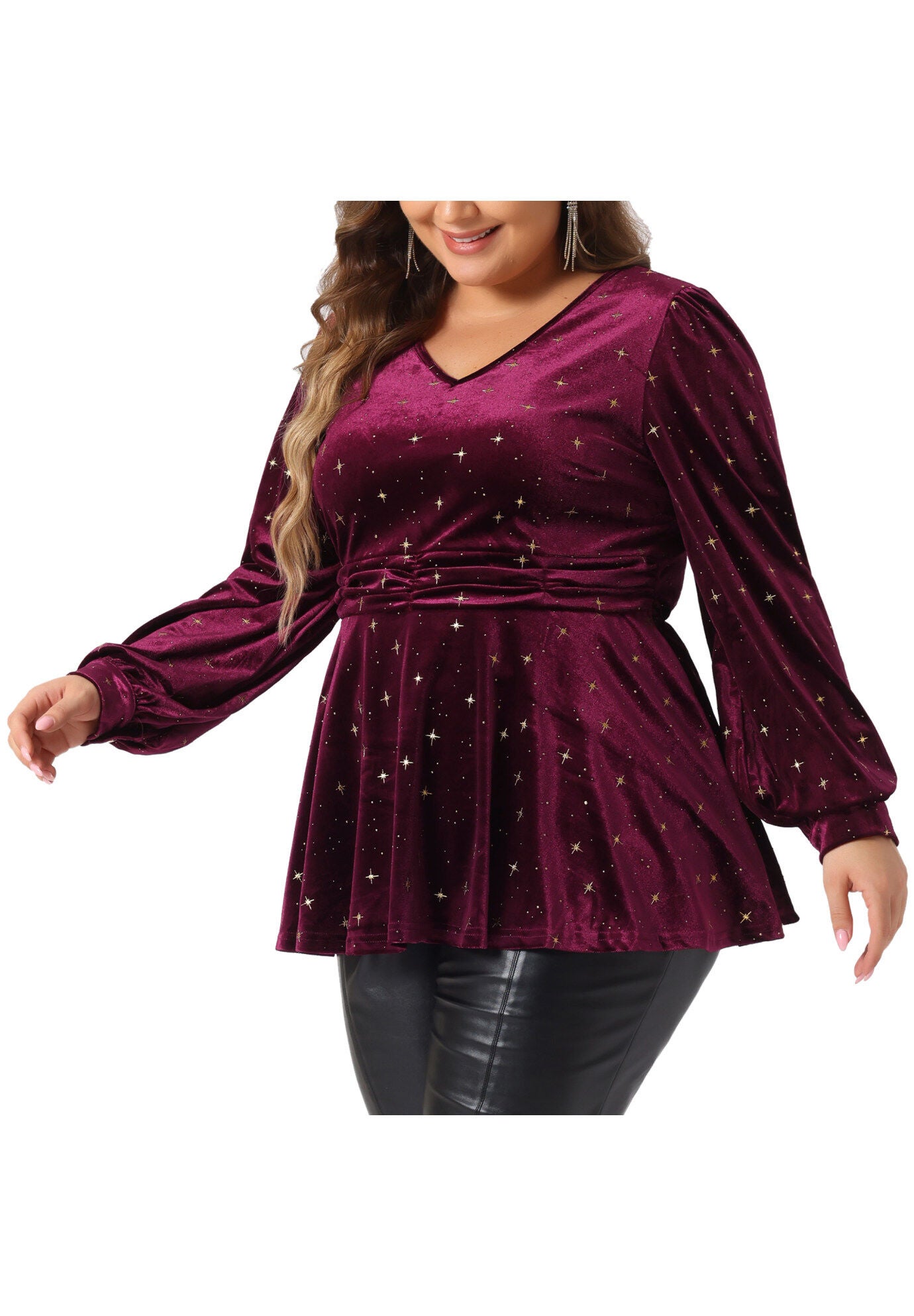 Velvet V Neck Long Sleeve Shiny Metallic Star Blouse Top, Burgundy / Burgundy, alternate image number 1
