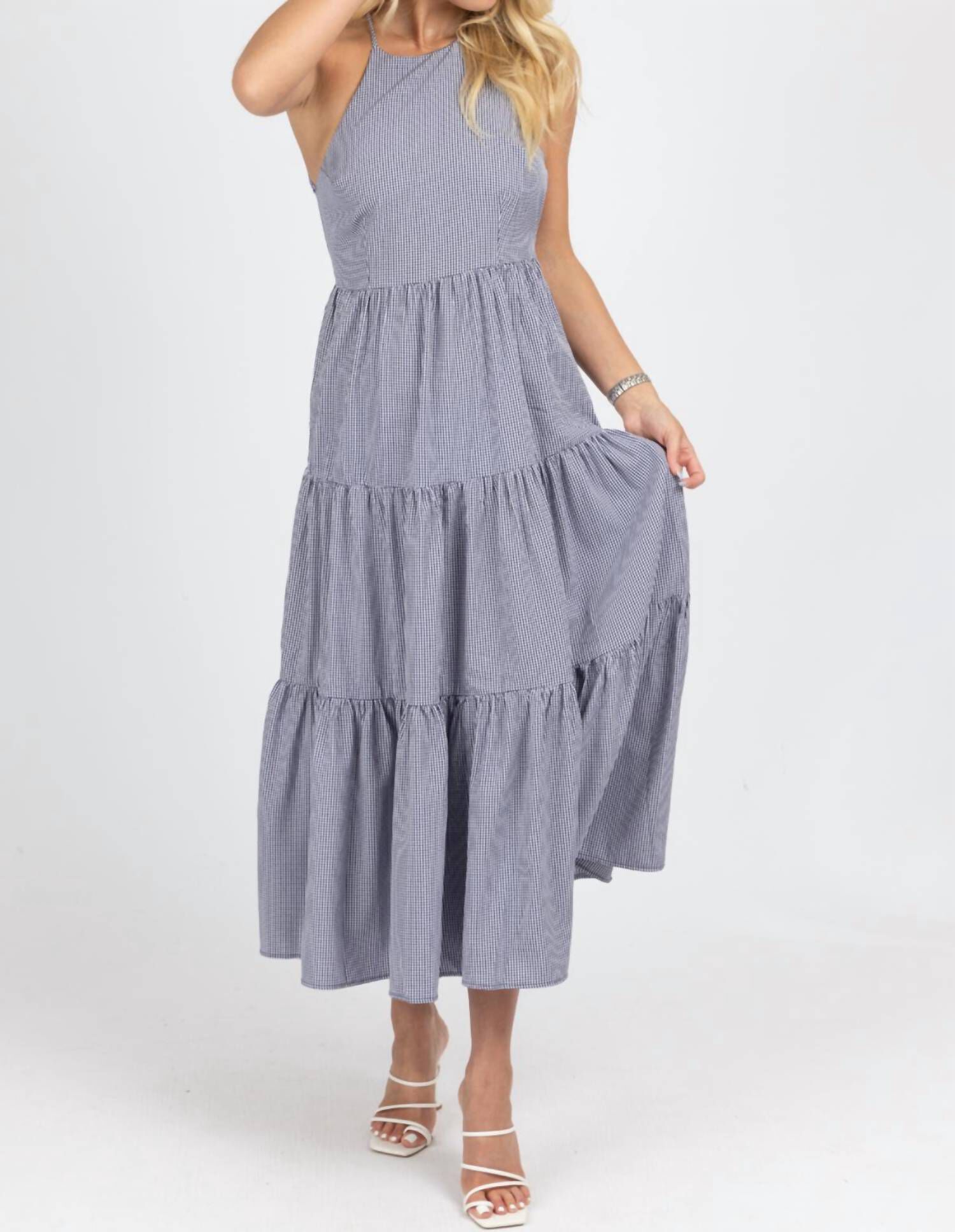 GINGHAM TIERED OPEN BACK MAXI DRESS IN NAVY, Navy / Navy, alternate image number 2