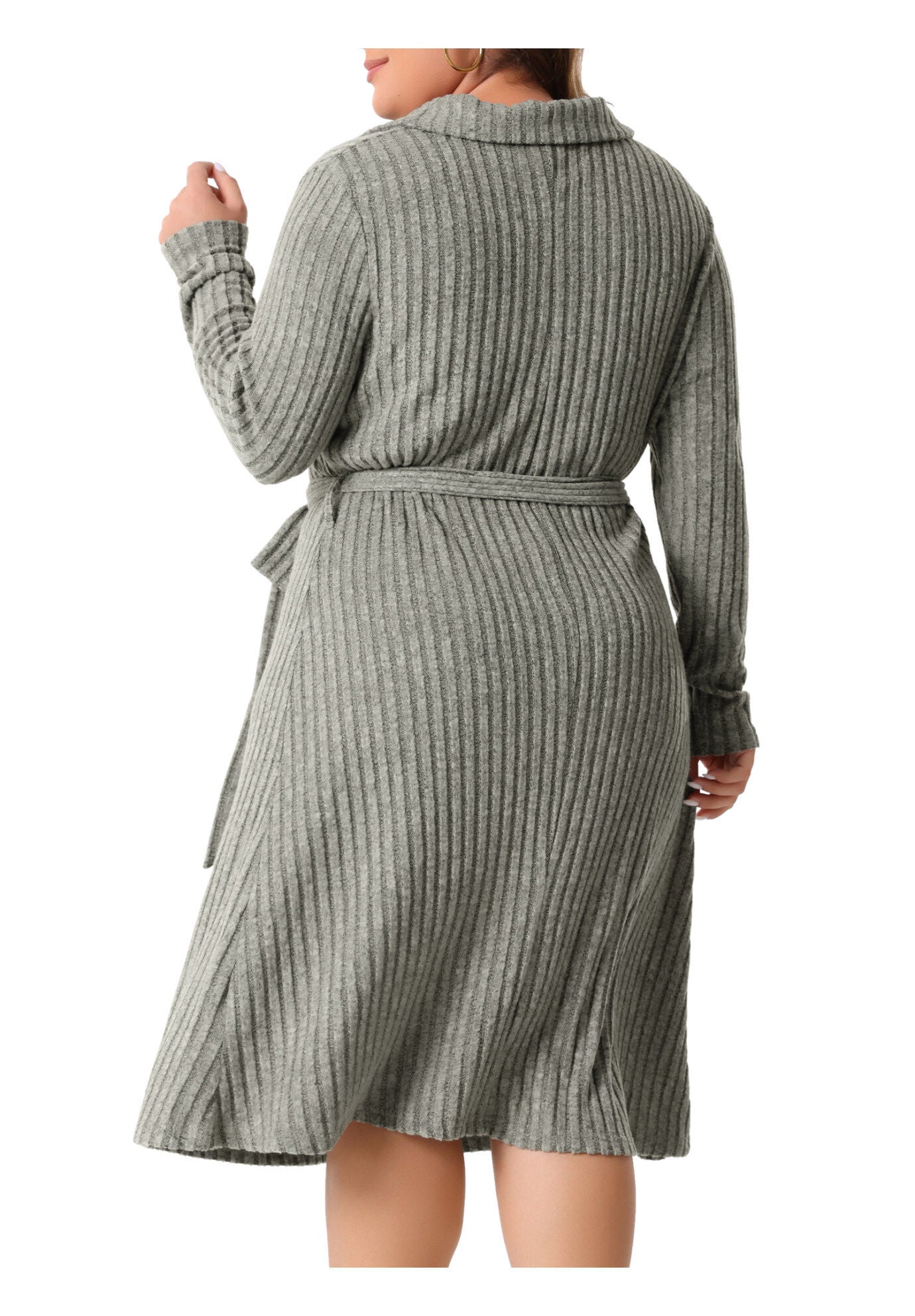 Ribbed Sweater Half Zip Front Tie Waist Knit Midi Dress with Belt, Grey / Warm Grey, alternate image number 2