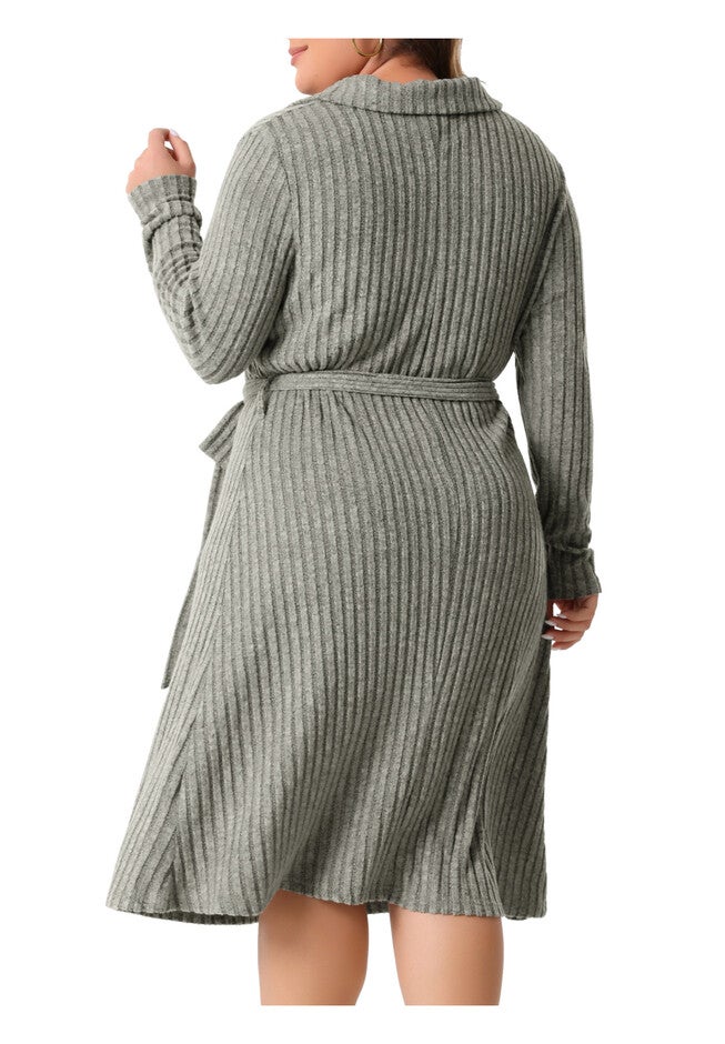 Ribbed Sweater Half Zip Front Tie Waist Knit Midi Dress with Belt, Grey / Warm Grey, alternate image number 2