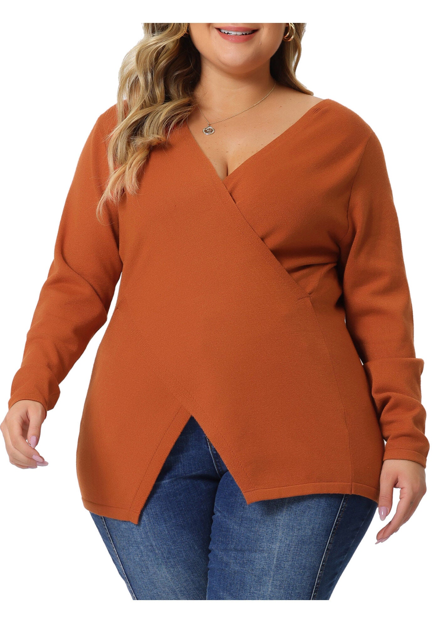 Wrap V Neck Criss Cross Asymmetrical Knit Top, Orange / Orange, alternate image number 1