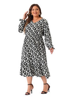 Boho Floral Print V Neck Long Sleeve Ruffle Hem Long Maxi Dress