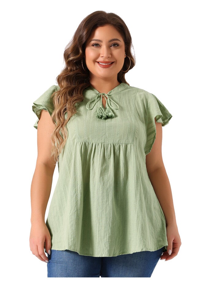 V NECK TASSEL SELF TIE FLUTTER BLOUSE, Green / Light Green, alternate image number 2