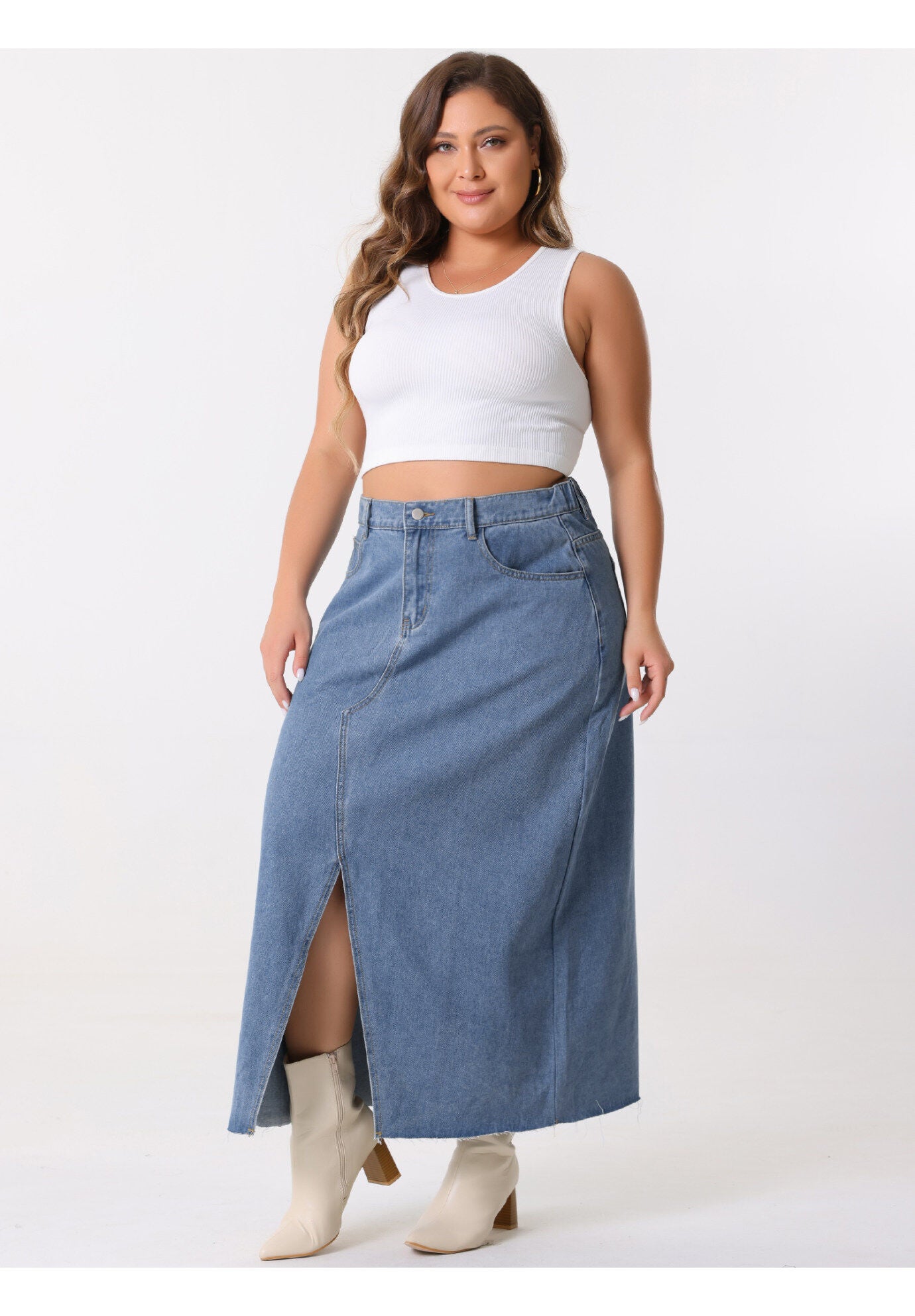 Denim Frayed Raw Hem High Waist Front Slit Long Jean Maxi Skirt, Blue / Chambray Denim Medium, hi-res image number 0