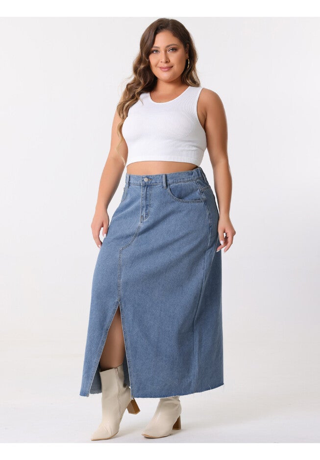 Denim Frayed Raw Hem High Waist Front Slit Long Jean Maxi Skirt, Blue / Chambray Denim Medium, hi-res image number 0