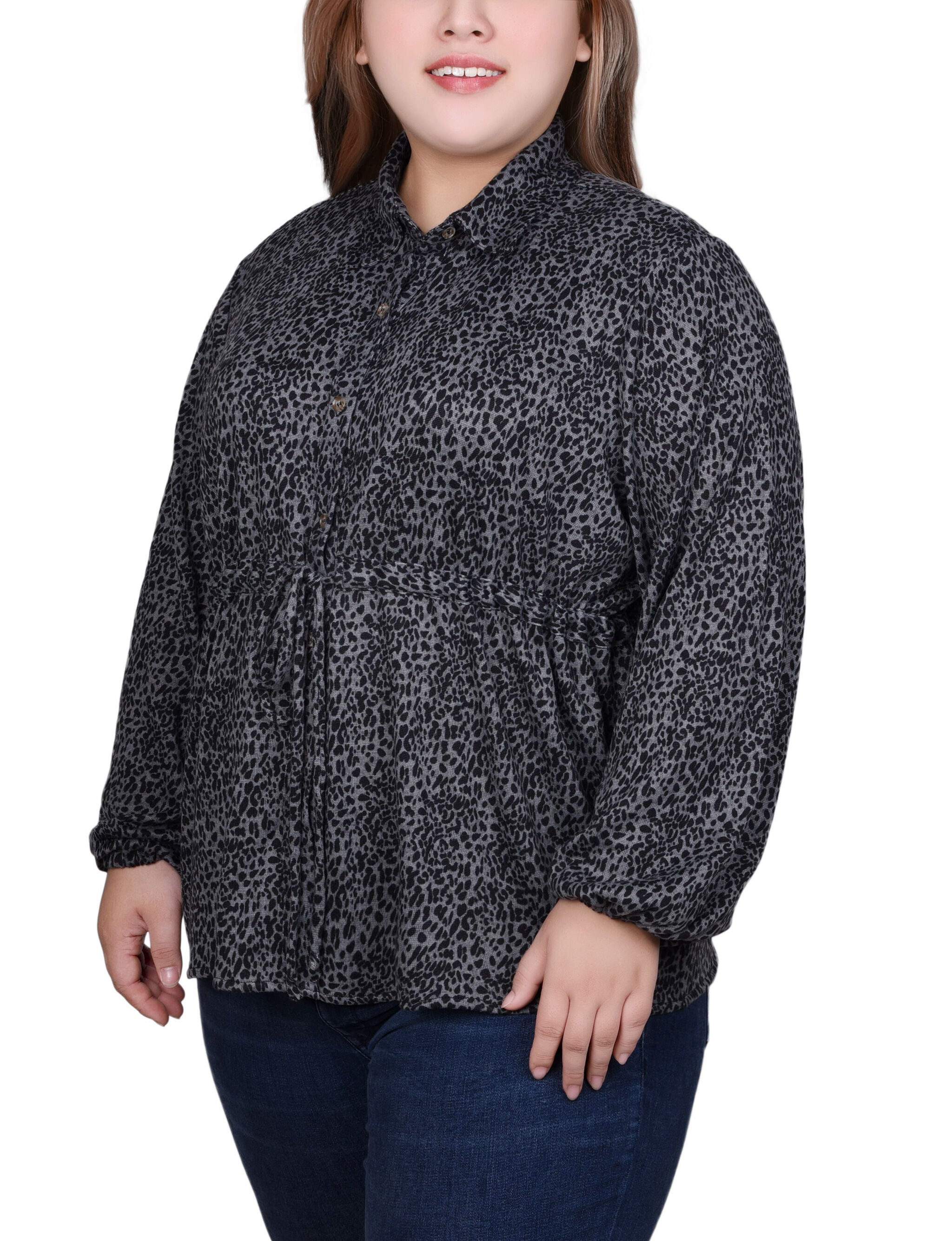 Long Dolman Sleeve Drawstring-Waist Tunic Top, Grey Black Animal, alternate image number 2