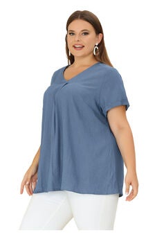 Chambray Pleat Front V Neck Short Sleeve Blouse Top