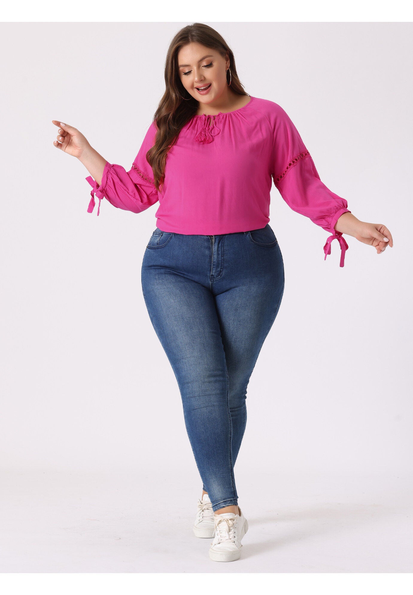 RAGLAN SLEEVES HOLLOW OUT TIE NECK PEASANT TOP, Hot Pink / Pink, alternate image number 1