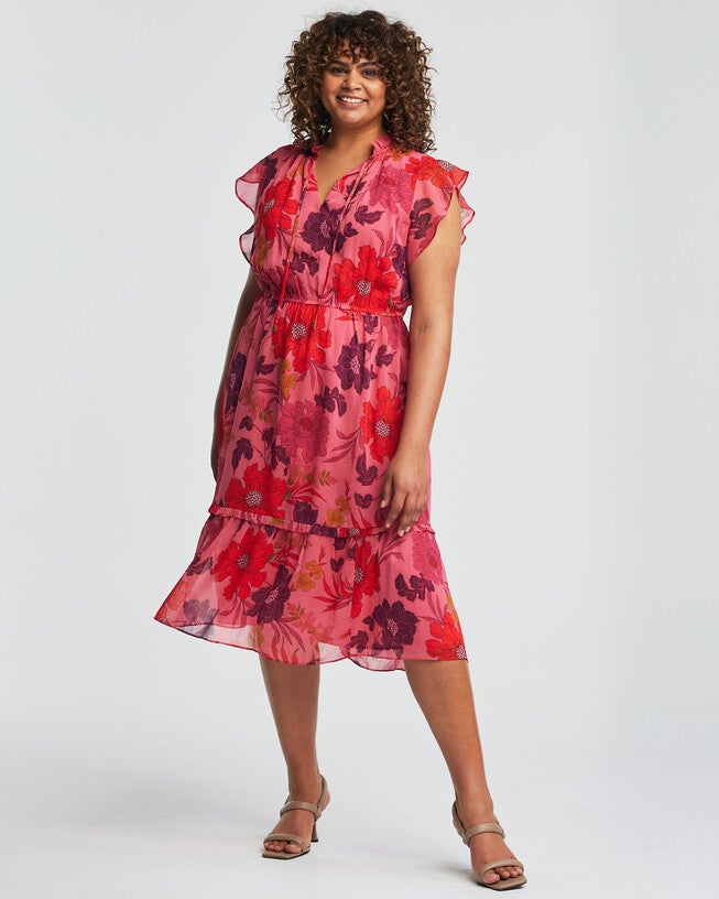 Delta Pink Floral Midi Frill Dress, Print / Pink, alternate image number 2