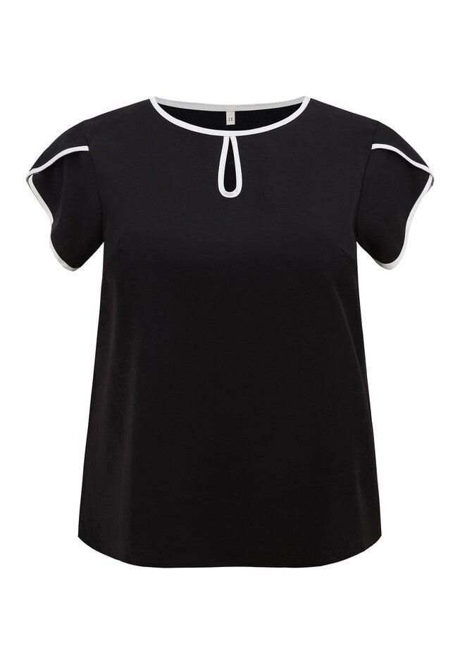 Keyhole Crew Neck Tulip Sleeve Contrasting Colors Casual Blouse, Black / Black, alternate image number 3
