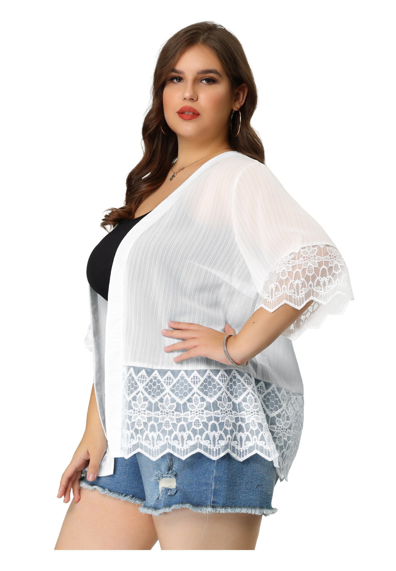LACE SHRUG 1/2 SLEEVE BIKINI COVER KIMONO CARDIGAN, White / White, alternate image number 3