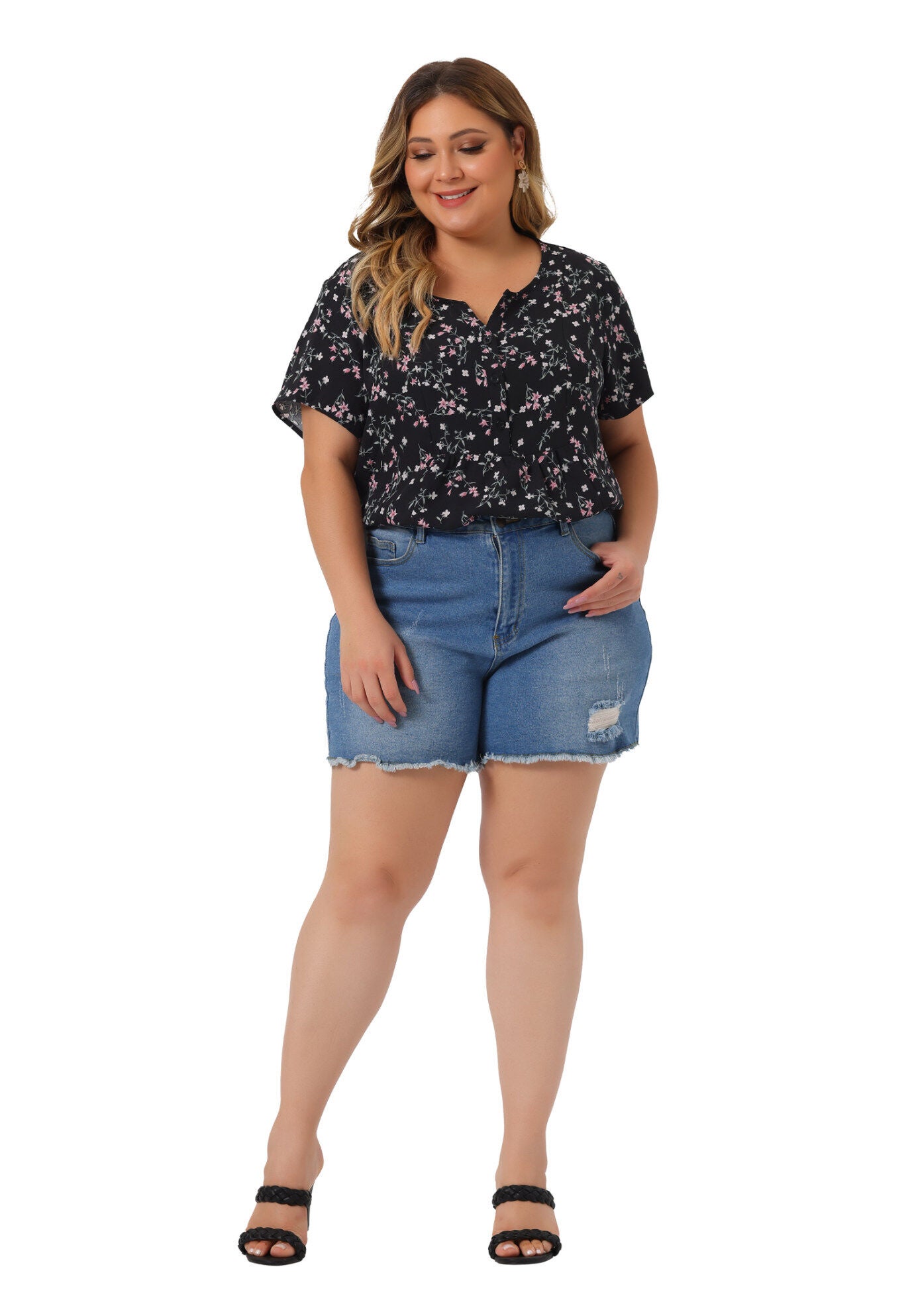 Summer Top Floral Half Placket Short Sleeve Casual Blouse, Black / Black, hi-res image number 0