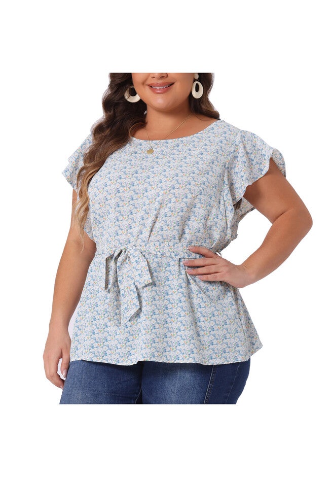 Summer Top Floral Tie Waist Short Sleeves Casual Blouse, Blue / Light Blue, alternate image number null
